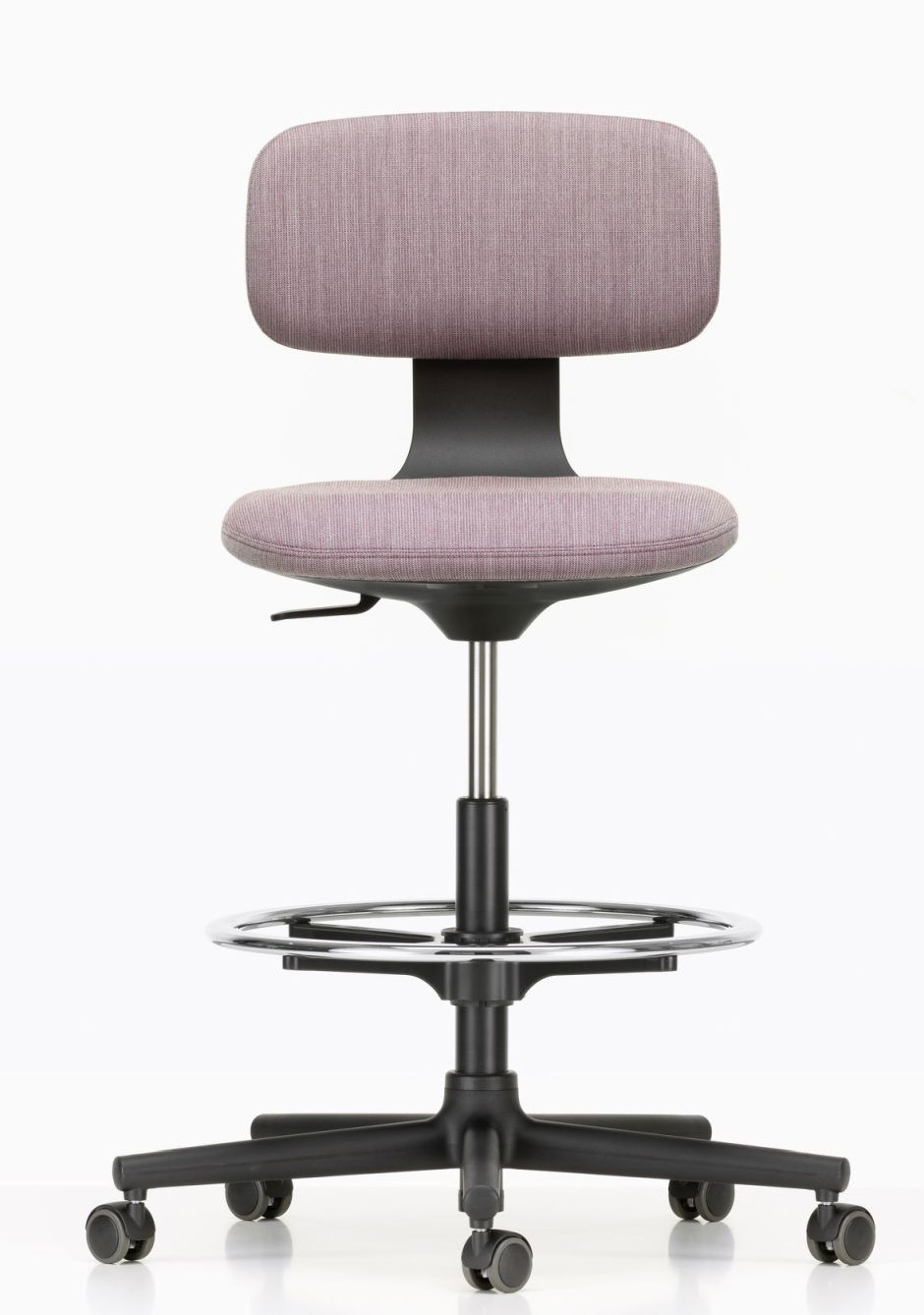 Vitra Rookie High Bürodrehstuhl mit Fußstütze und lila Stoffbezug, ideal für Stehtische.