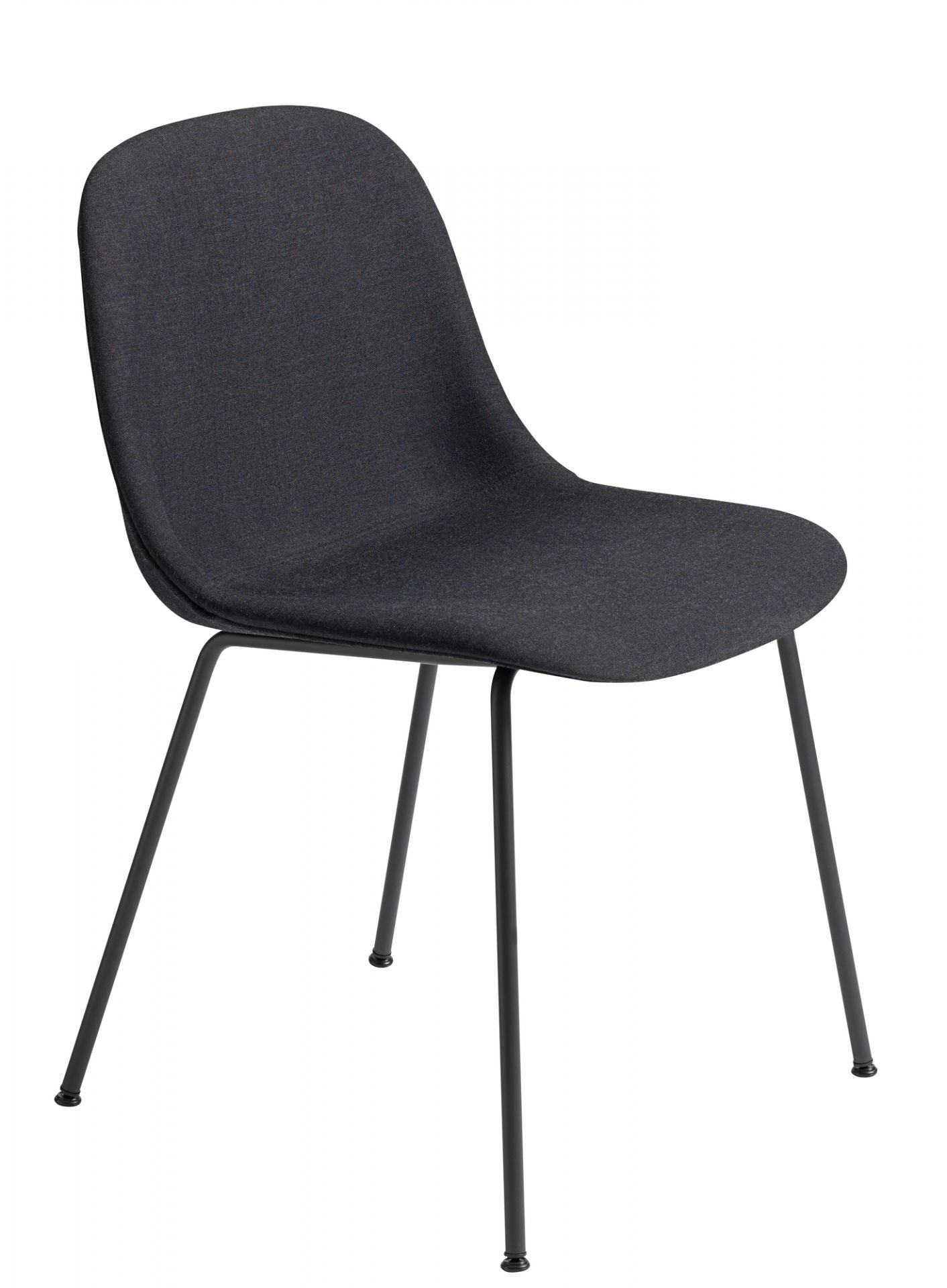 Muuto Fiber Side Chair Tube Base Stuhl in Dunkelgrau mit minimalistischem Design und Stahlrohrgestell.