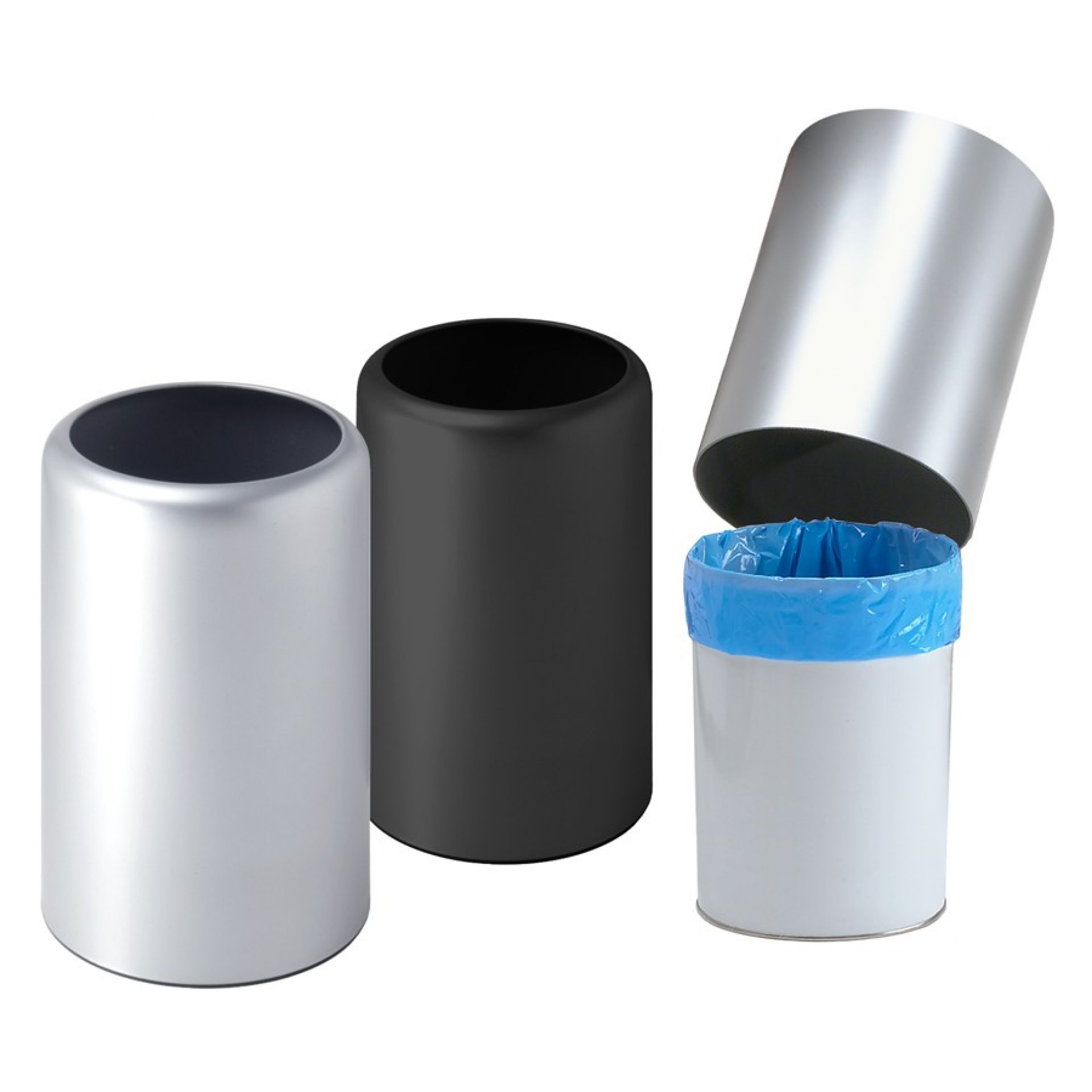 Birillo Papierkörbe von Rexite in Silber und Schwarz, einer mit Müllbeutel, für Büro und Zuhause.