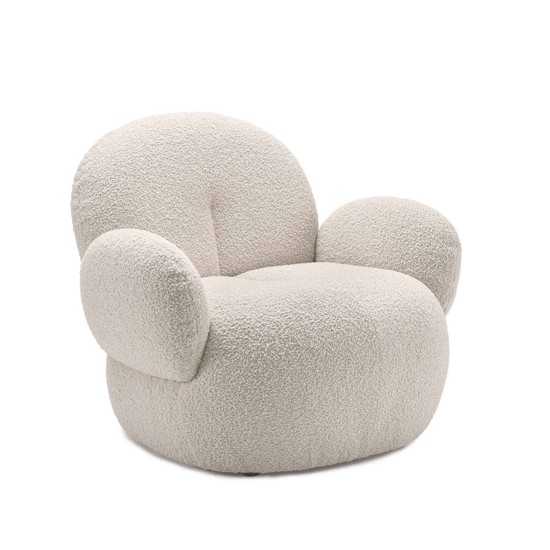 Beiger Nana Sessel von Freifrau Manufaktur mit Bouclé-Bezug, moderner Loungesessel für Wohnzimmer und Entspannung.