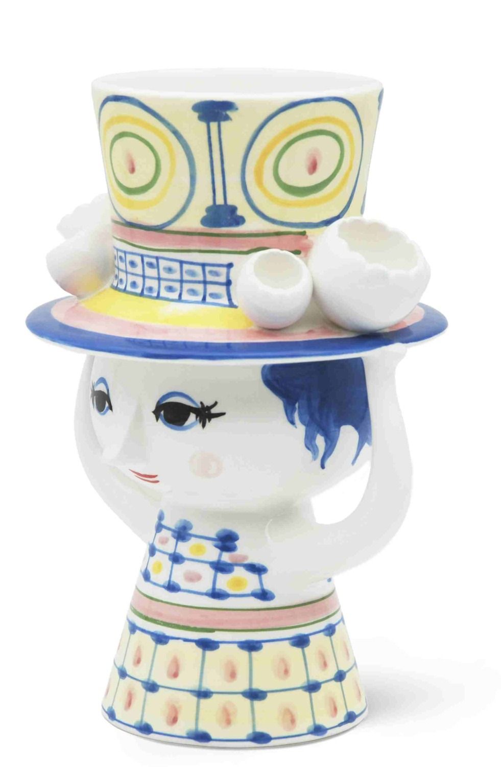 Keramikvase "Lady with Hat" von Bjorn Wiinblad, 20,5 cm hoch, bunt bemalt, mit Hut und kleinen Vasen.