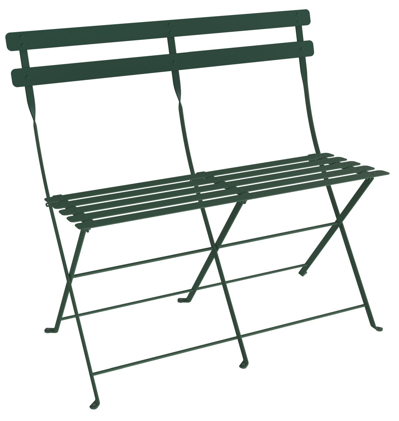 Grüne Fermob Bistro Klappbank für zwei Personen, ideal für Garten, Balkon oder Terrasse.