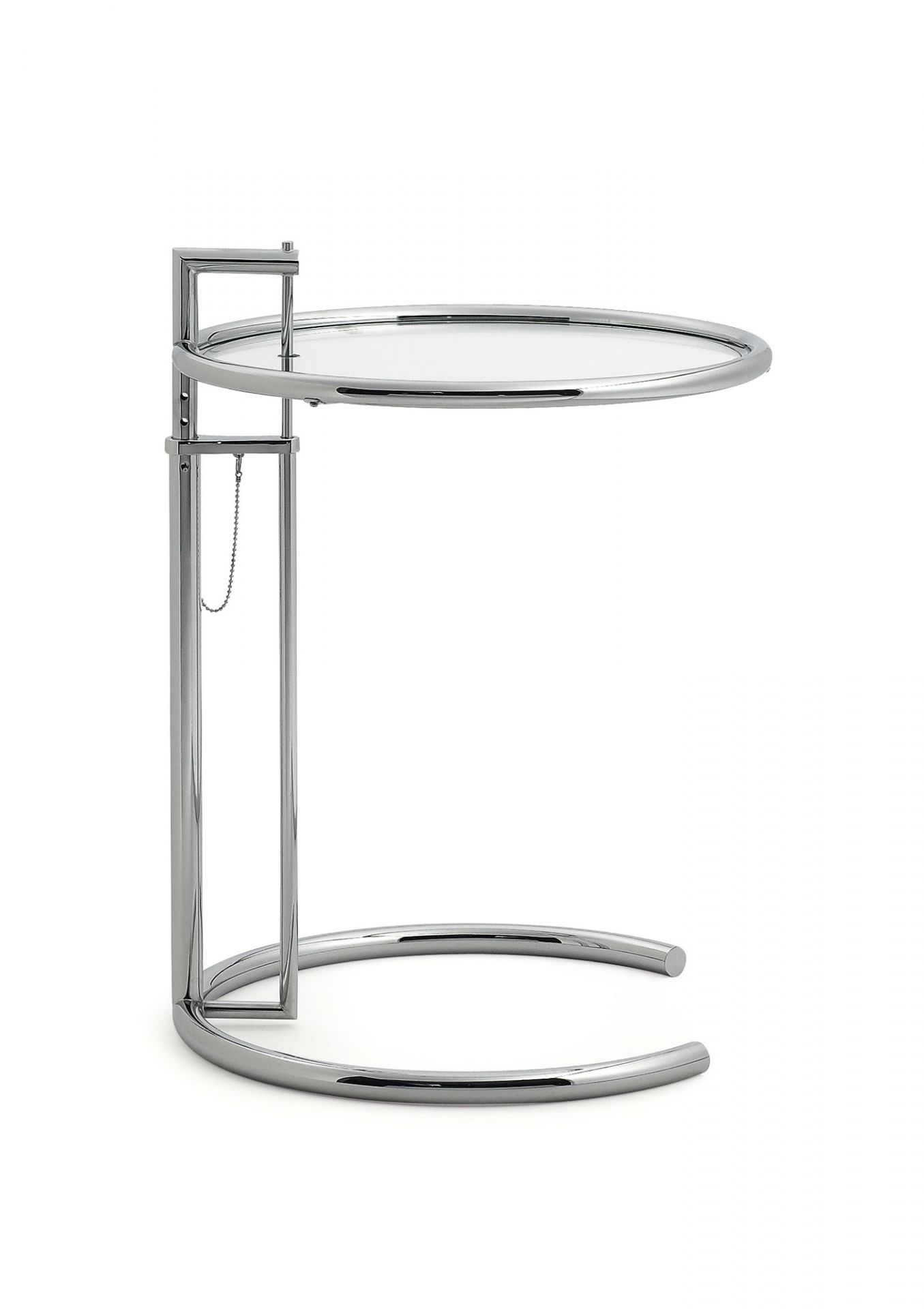 ClassiCon E1027 Beistelltisch mit Glasplatte und verchromtem Gestell, höhenverstellbarer Design Klassiker.