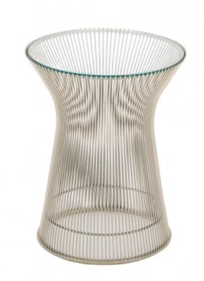 Platner Beistelltisch mit Glasplatte und Stahlgestell, moderner Couchtisch für Wohnzimmer.