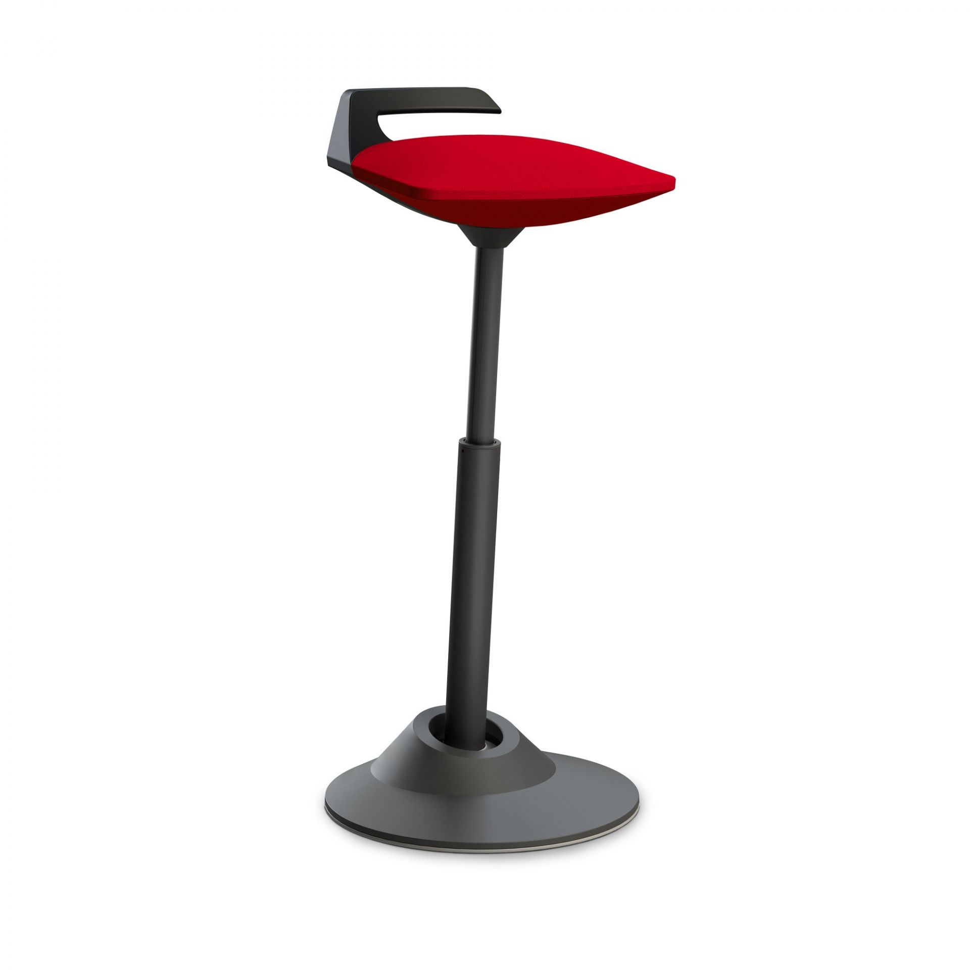Roter Stehsitz mit schwarzem Fuß und Griff, ergonomischer Bürostuhl für dynamisches Sitzen.