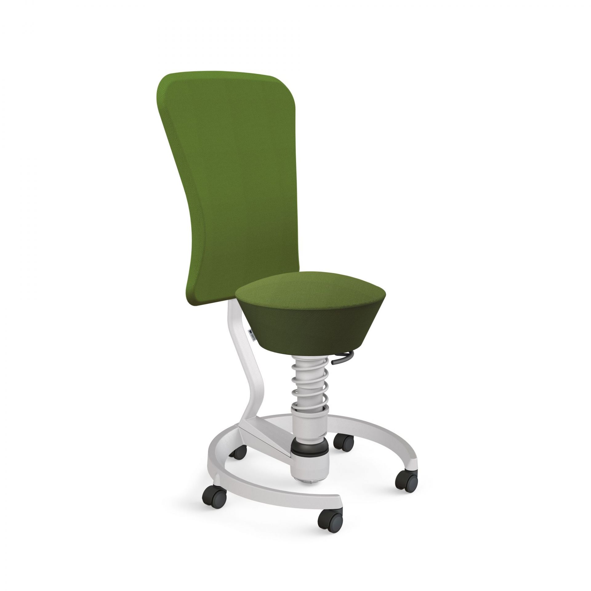 Grüner Bürostuhl Swopper mit Rollen, ergonomisch geformt und höhenverstellbar für gesundes Sitzen.
