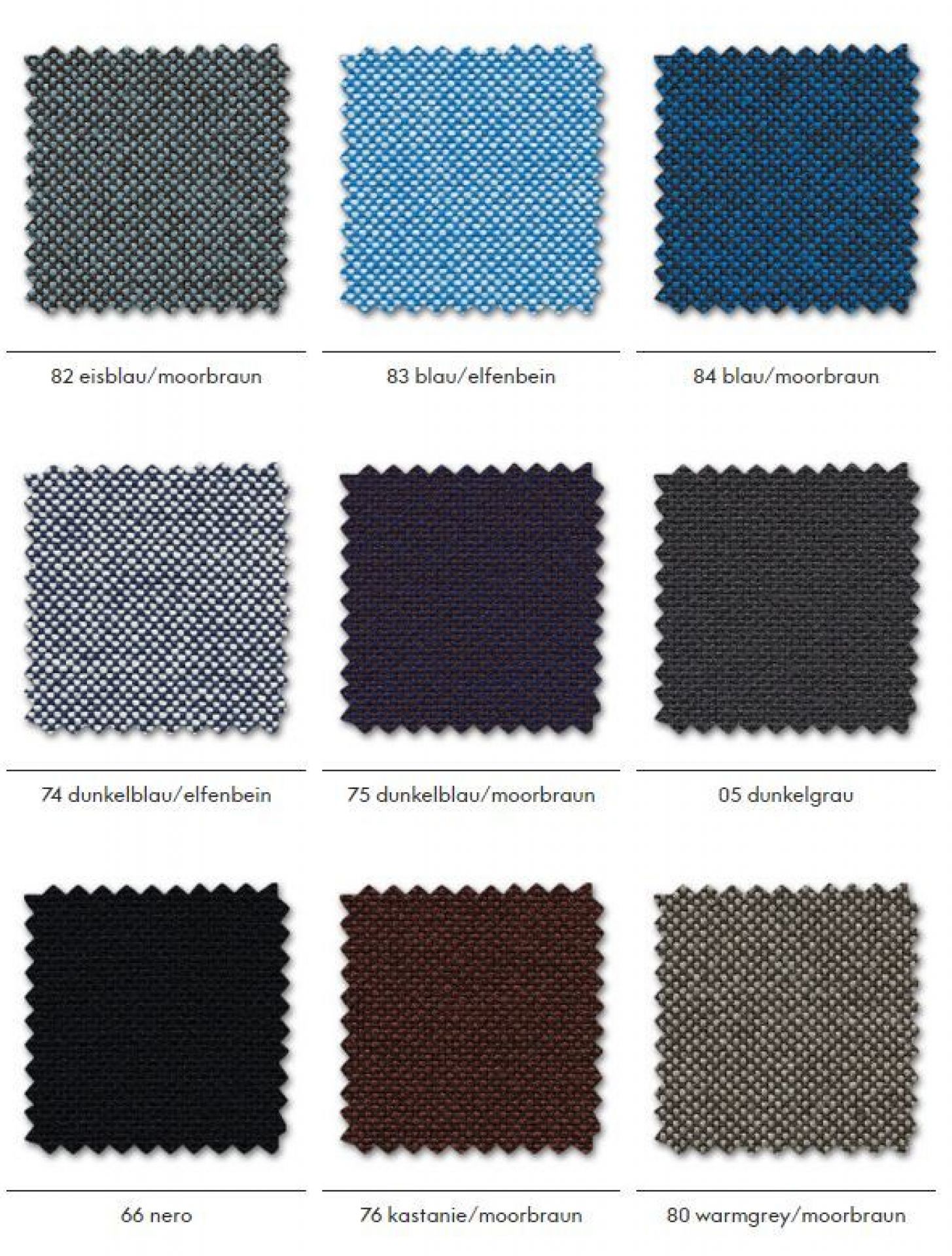 Vitra Hopsak Stoffmusterkarte: Verschiedene Stoffmuster in Blau, Grau, Braun und Schwarz für Möbelstoffe.