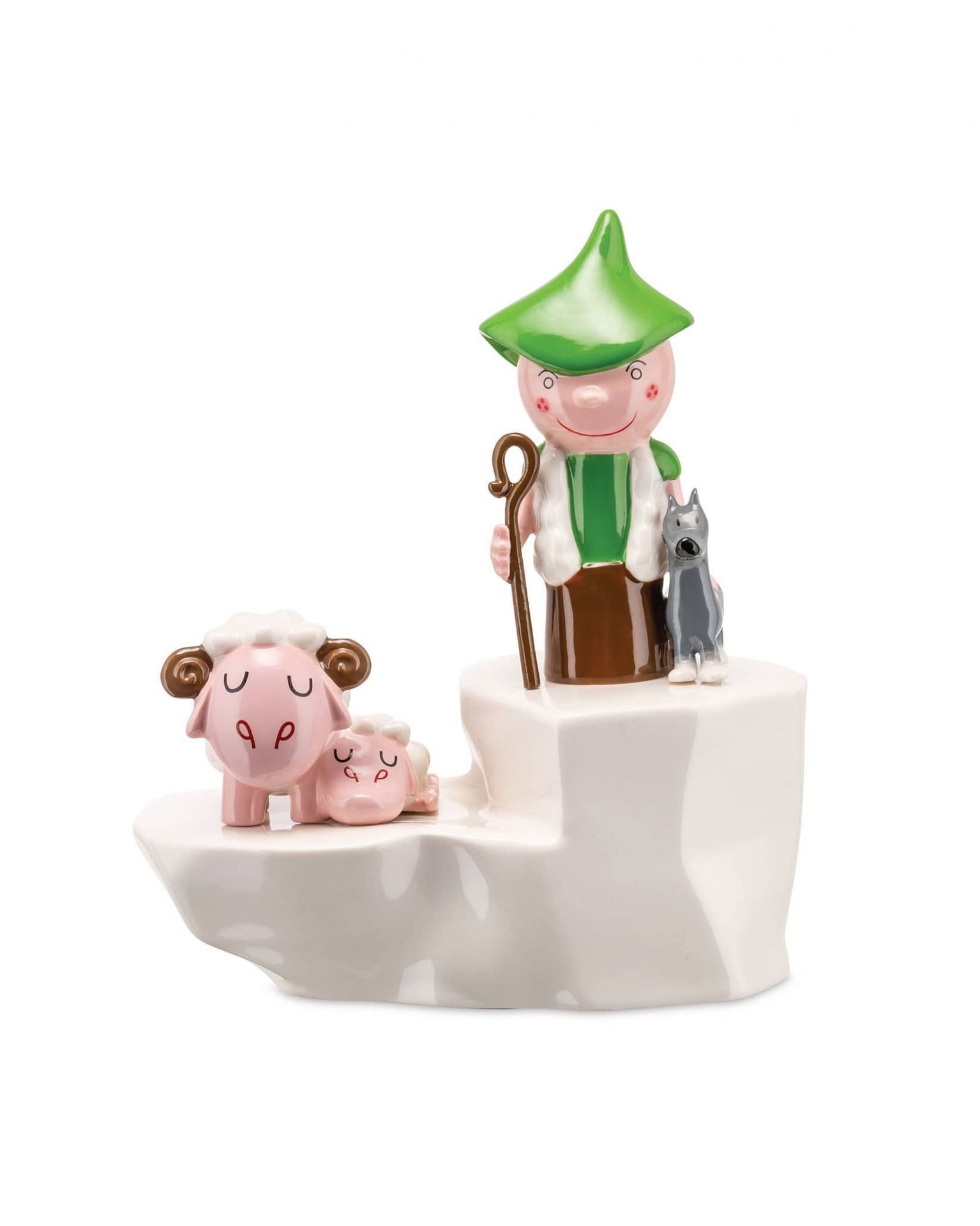 Alessi Pisoletti Porzellanfigur: Hirte mit Schafen und Hund auf weißem Sockel. Dekorative Figur.
