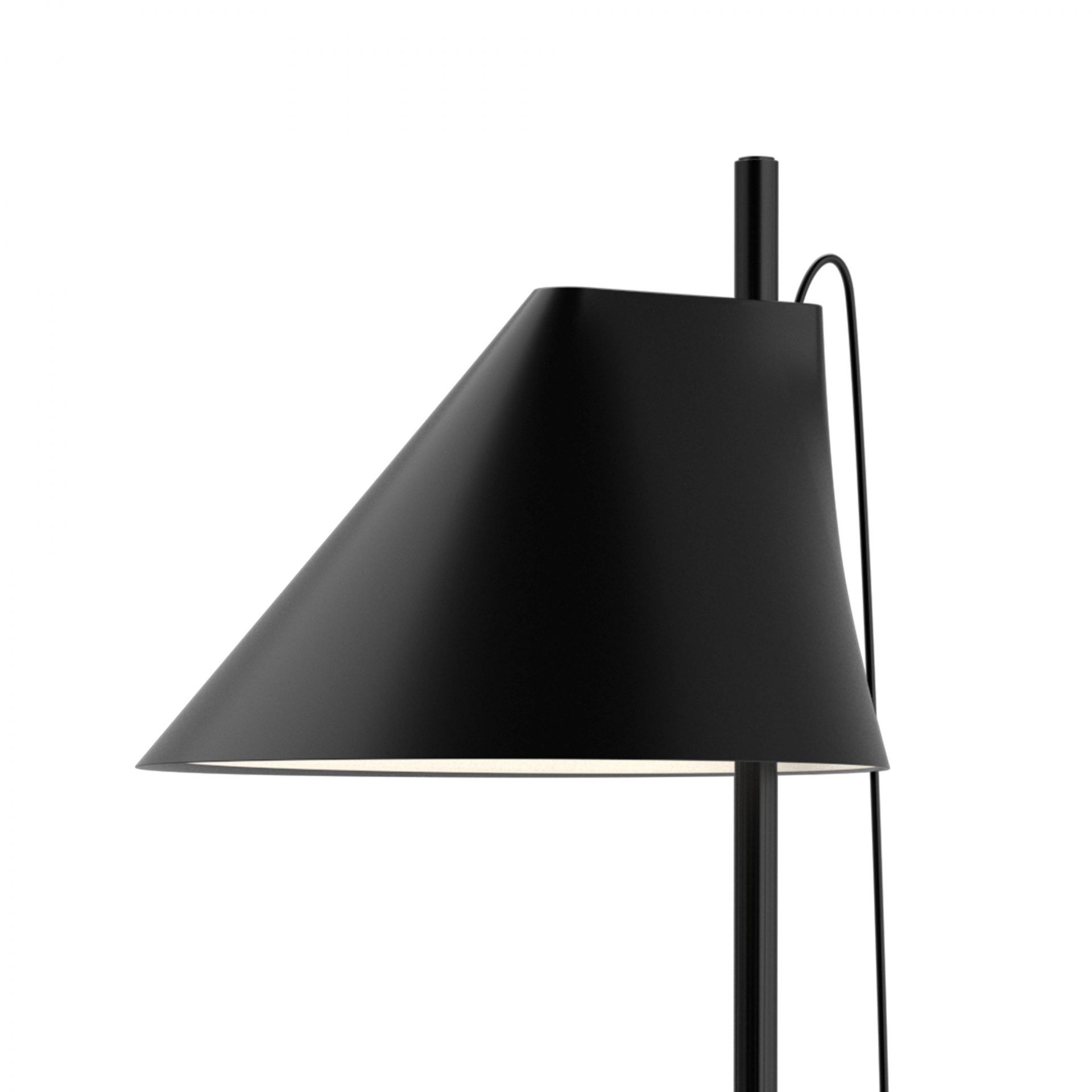 Detailaufnahme der schwarzen Yuh LED Stehleuchte von Louis Poulsen mit kegelförmigem Lampenschirm.
