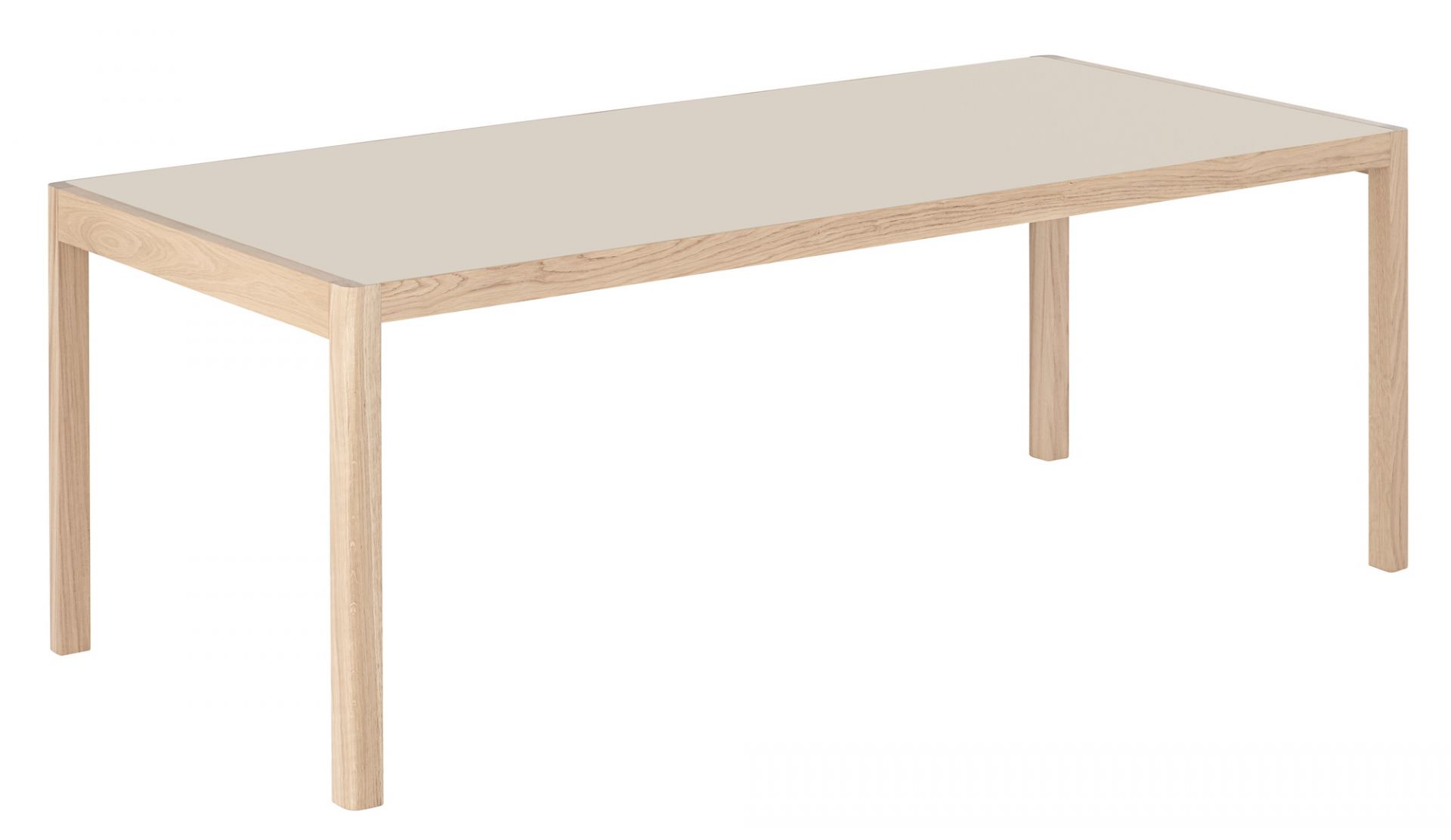 Muuto Workshop Table Tisch mit hellem Holzgestell und beiger Tischplatte, ideal für Büro und Homeoffice.