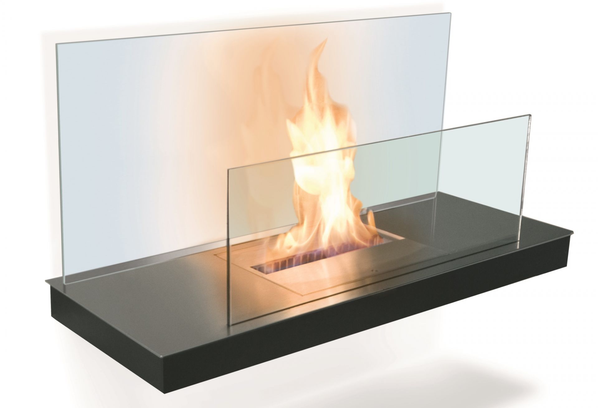Wall Flame Ethanol Kamin Radius mit Glasscheiben und brennender Flamme für stimmungsvolle Atmosphäre.