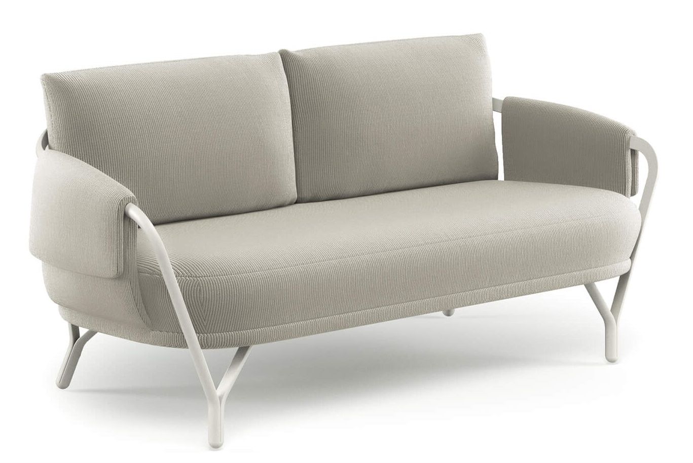 Angel 2-Sitzer Sofa Outdoor Emu, modernes Gartensofa mit hellgrauem Cordbezug und weißem Metallgestell.