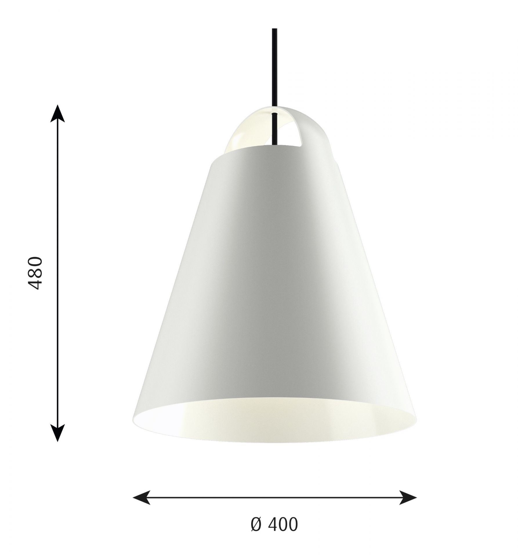 Weiße Above Pendelleuchte von Louis Poulsen mit Maßen, modernes Design für Wohnzimmer und Esszimmer.