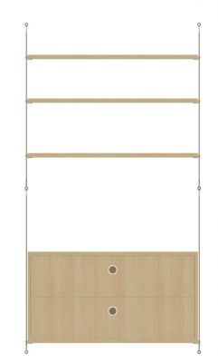 String Furniture Regalsystem: Arbeitsplatz Konfiguration mit hellen Holzregalen und Schubladenelement.