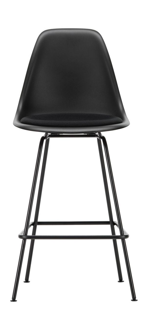 Schwarzer Eames Plastic Bar Stool von Vitra mit Sitzpolster, moderner Barhocker für Küche oder Bar.