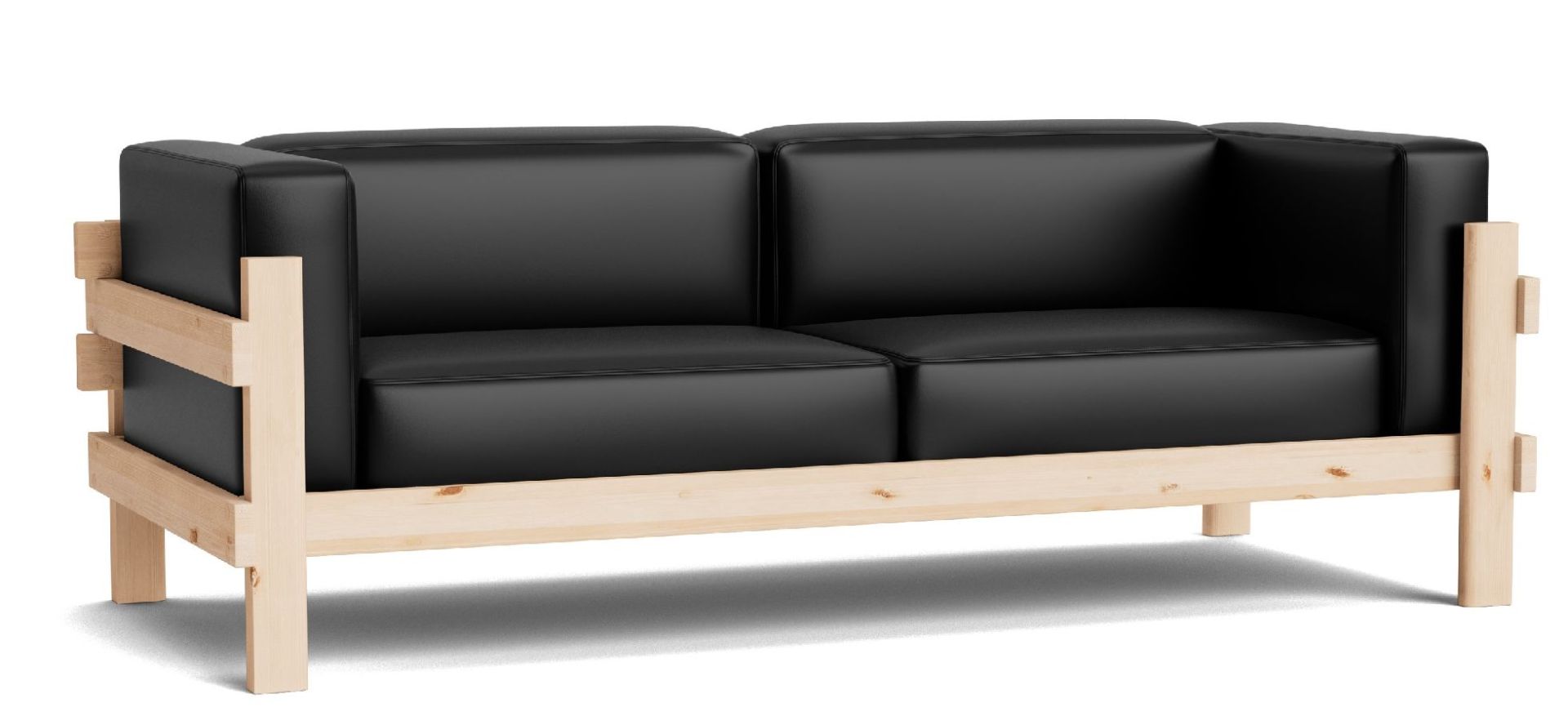 Kube Sofa von Normann Copenhagen, modernes 2-Sitzer Sofa mit schwarzem Leder und hellem Holzrahmen.