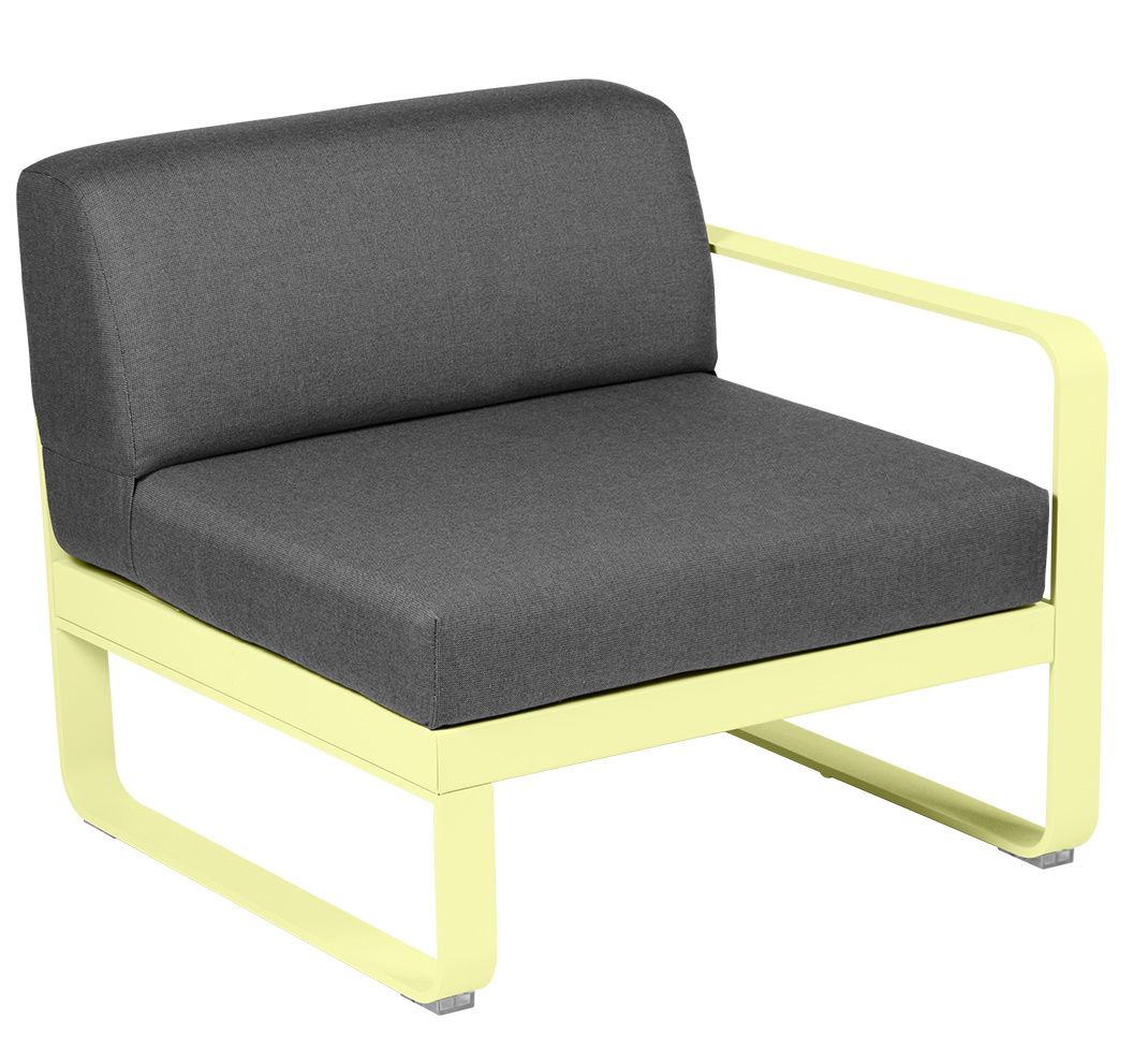 Bellevie 1-Sitzer Outdoor Sofa mit Armlehne rechts, hellgelbem Rahmen und grauen Polstern für Garten und Terrasse.