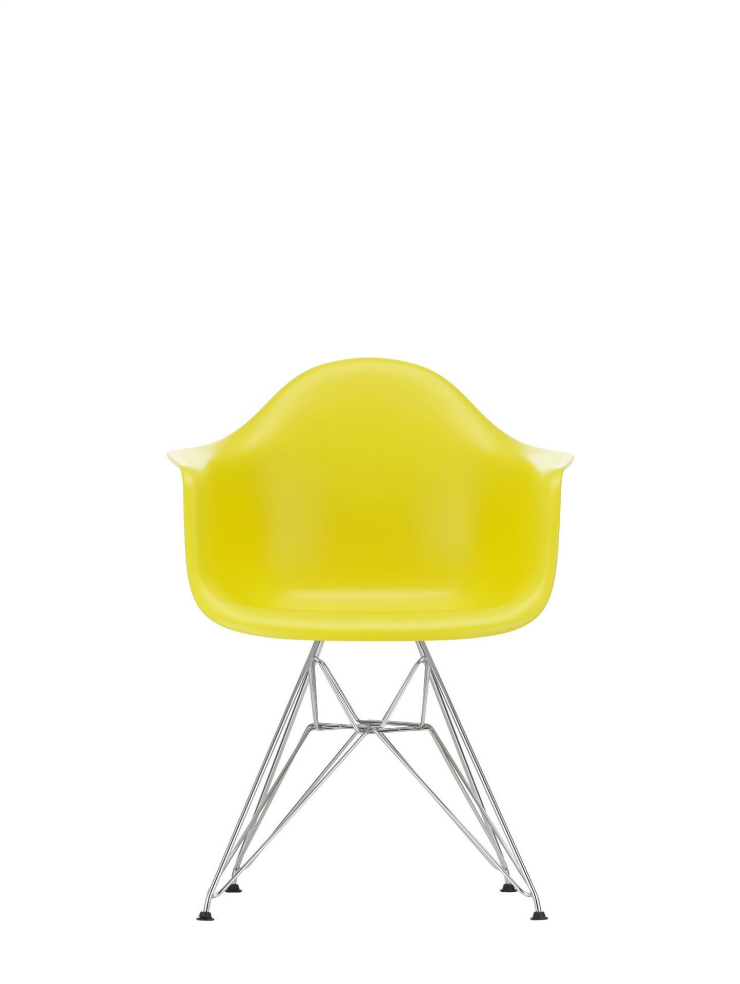 Gelber Eames Plastic Arm Chair DAR Stuhl von Vitra mit verchromtem Eiffelturm-Untergestell, Frontansicht.