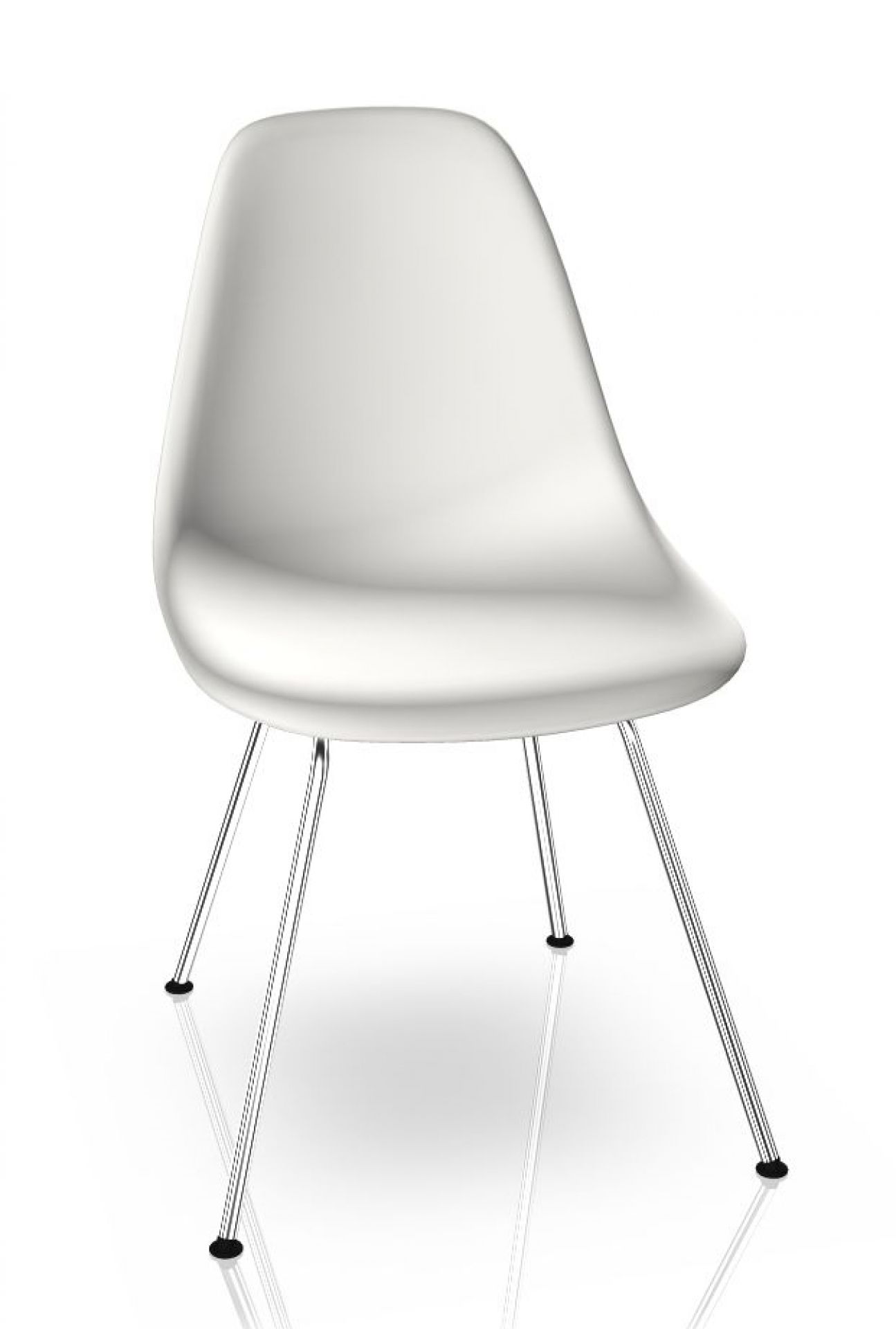 Weißer Eames Plastic Side Chair mit Chromgestell von Vitra. Designklassiker für Esszimmer und Büro.