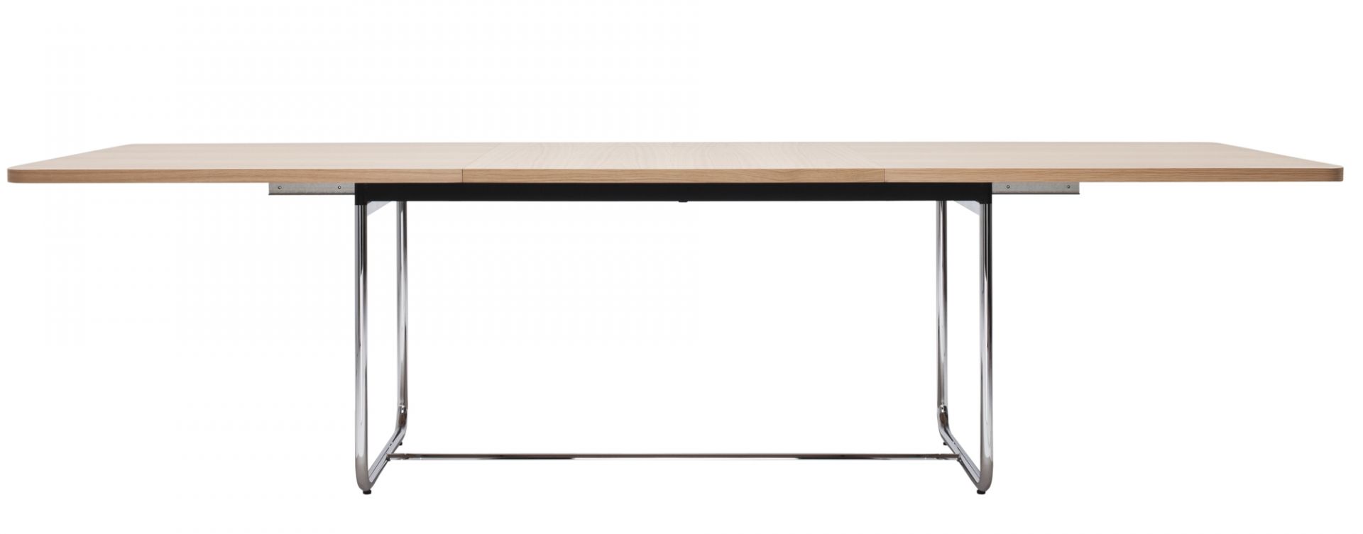 S 1072 Thonet Esstisch ausziehbar mit heller Holzplatte und verchromtem Stahlrohrgestell.