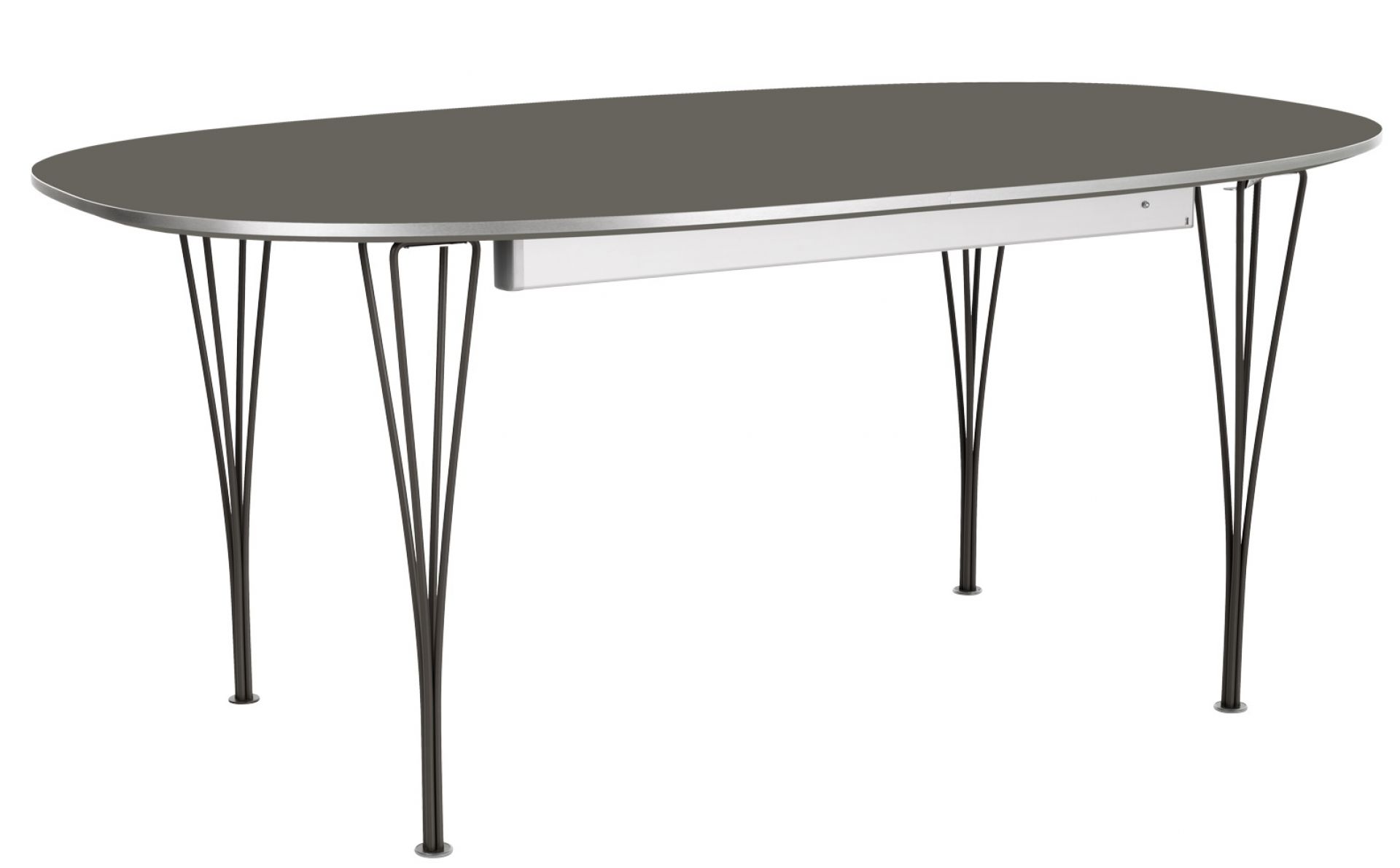 Fritz Hansen Super Elliptisch Ausziehtisch mit grau-brauner Tischplatte und filigranem, dunklem Metallgestell.