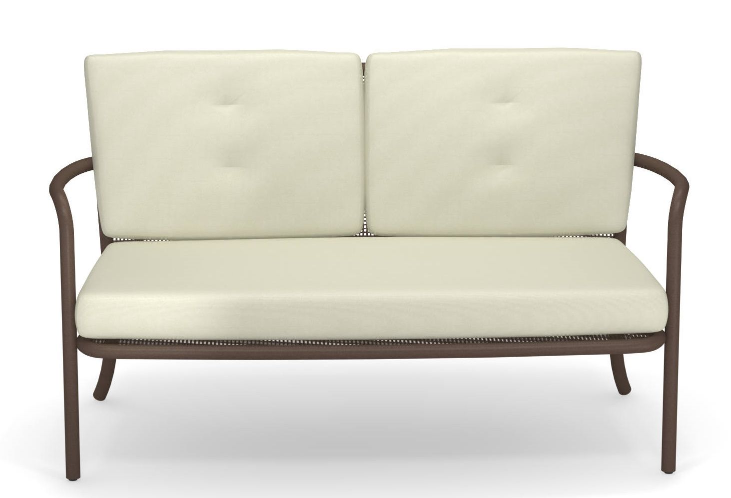 Athena 2-Sitzer Sofa von Emu für den Außenbereich, braunes Metallgestell mit beigen Polsterkissen.