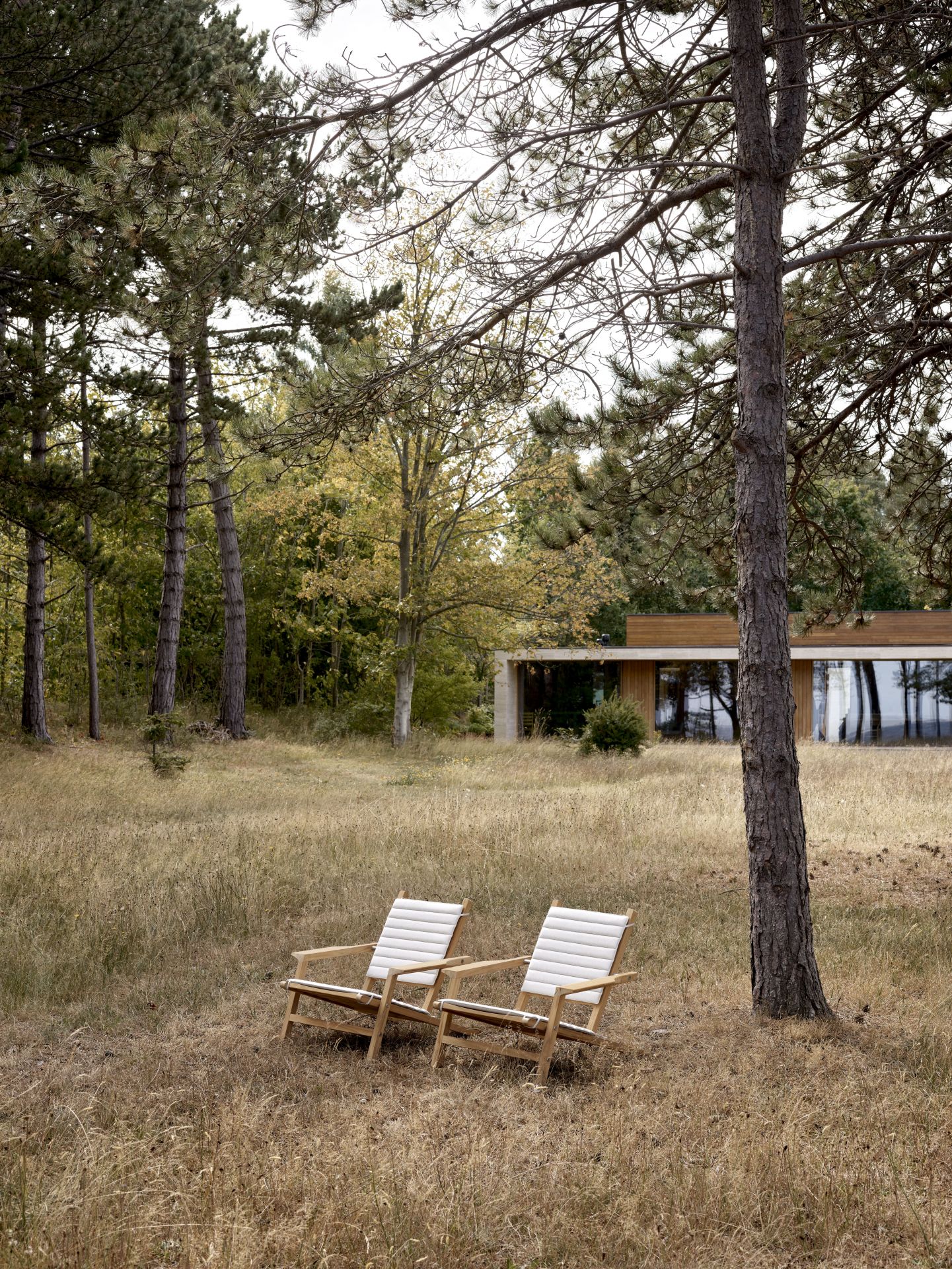 Zwei Carl Hansen & Søn AH603 Gartenstühle mit CU AH603S Sitzkissen im Freien.