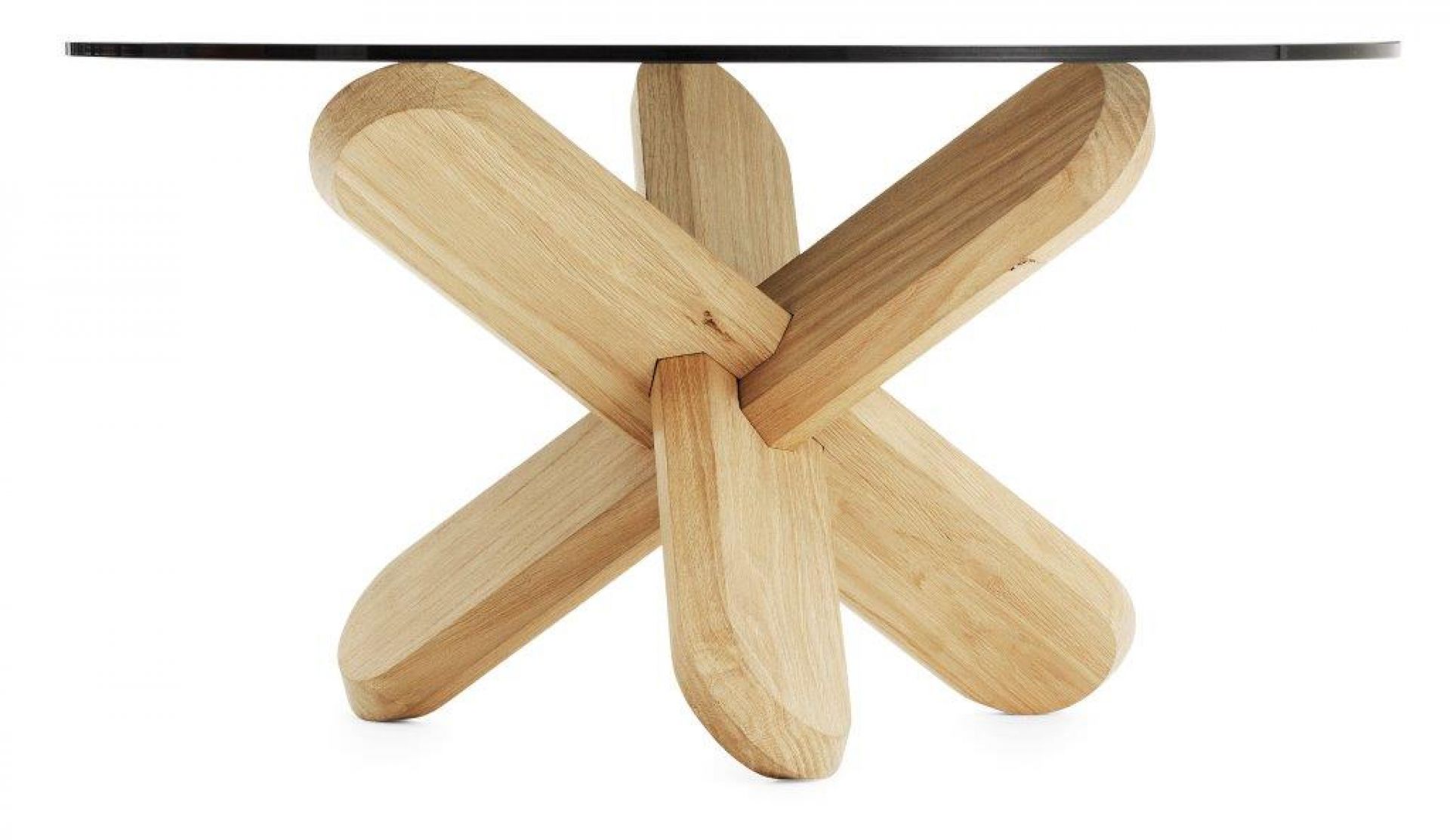 Normann Copenhagen Ding Table mit Glasplatte und außergewöhnlichem Untergestell aus hellem Eichenholz.