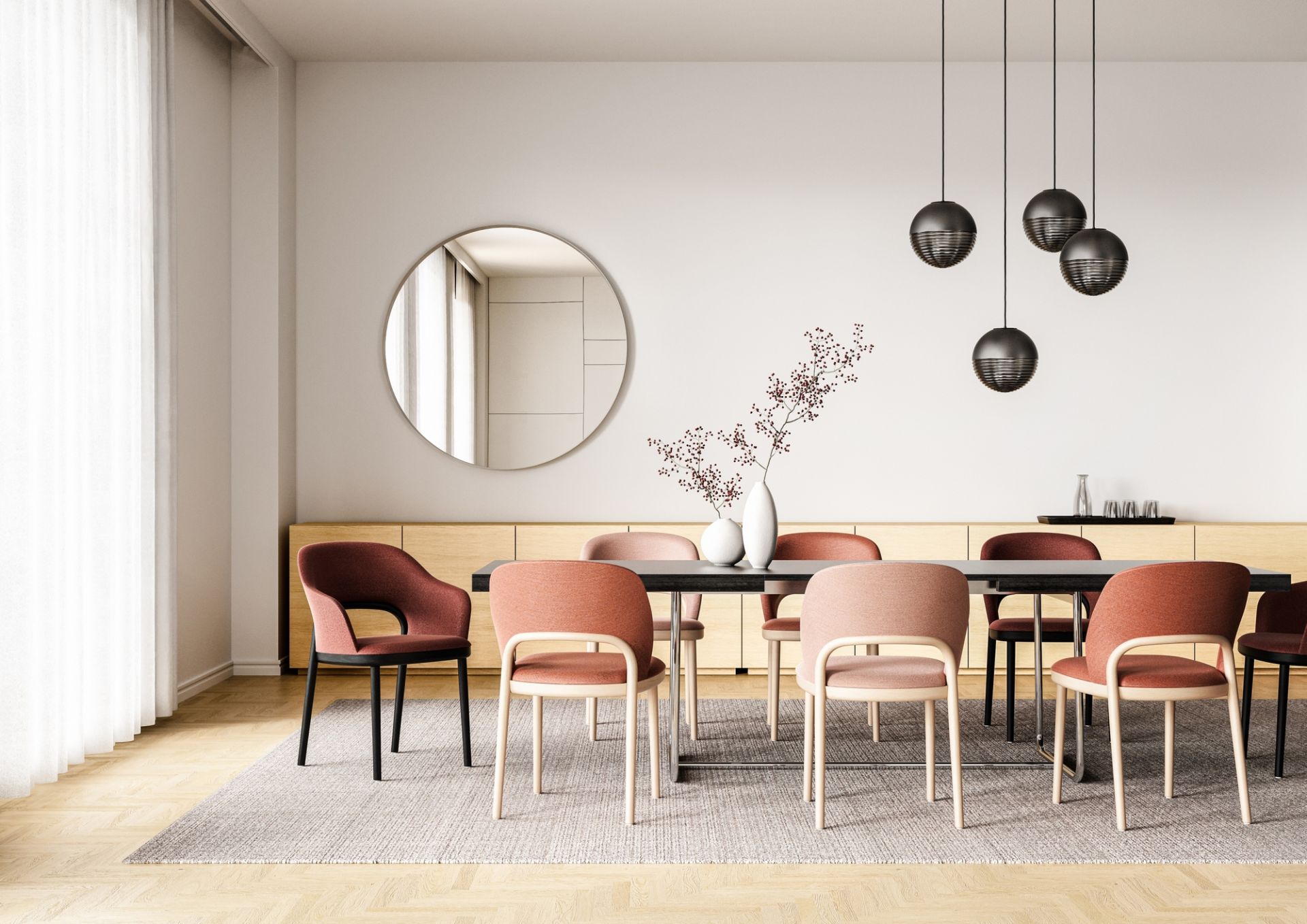 S 1070 Thonet Esstisch mit Stühlen in modernem Esszimmer mit Teppich und Pendelleuchten.