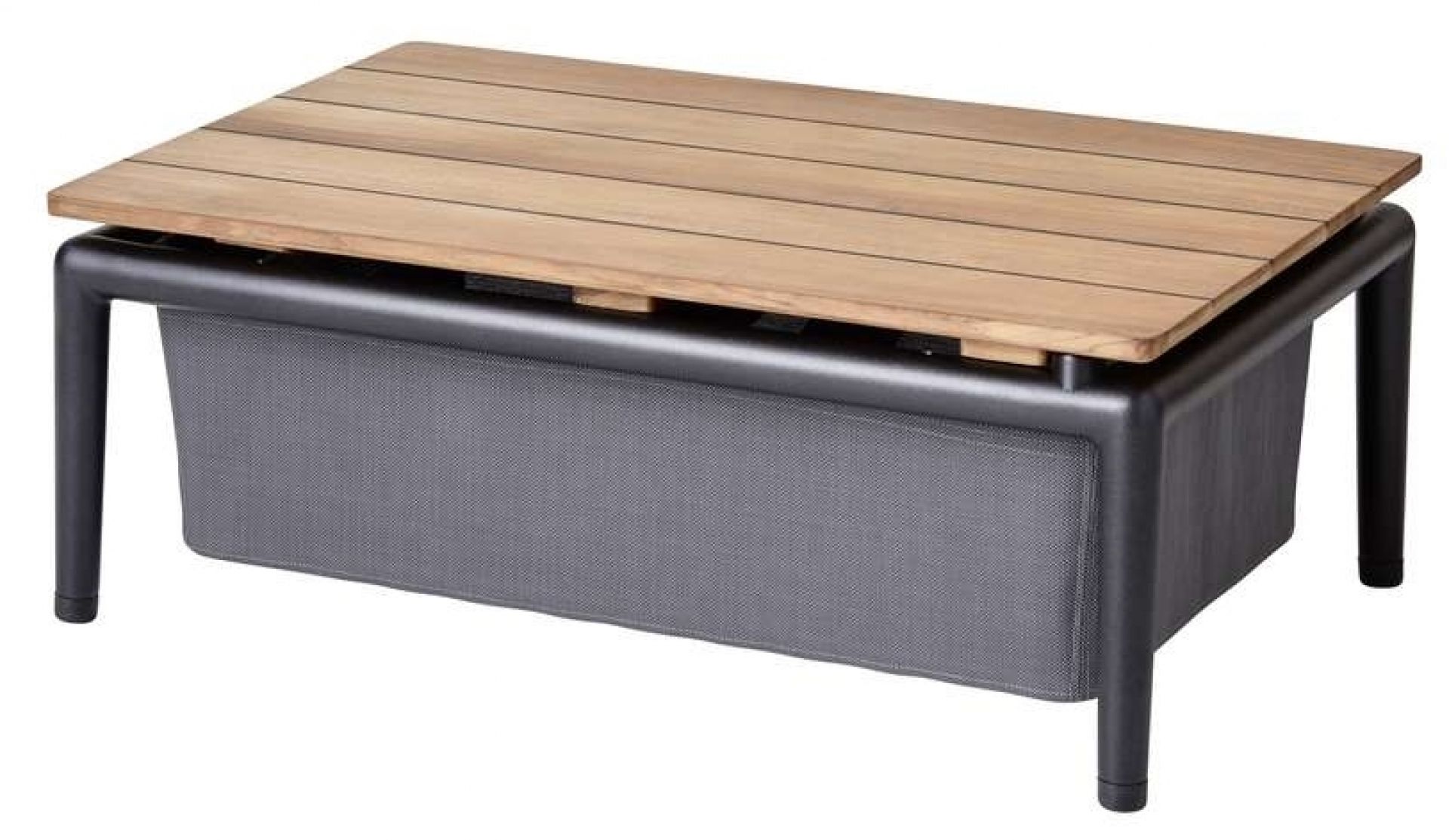 Conic Outdoor Box Tisch von Cane-Line: Gartentisch mit Teakholzplatte und grauem Stauraum.