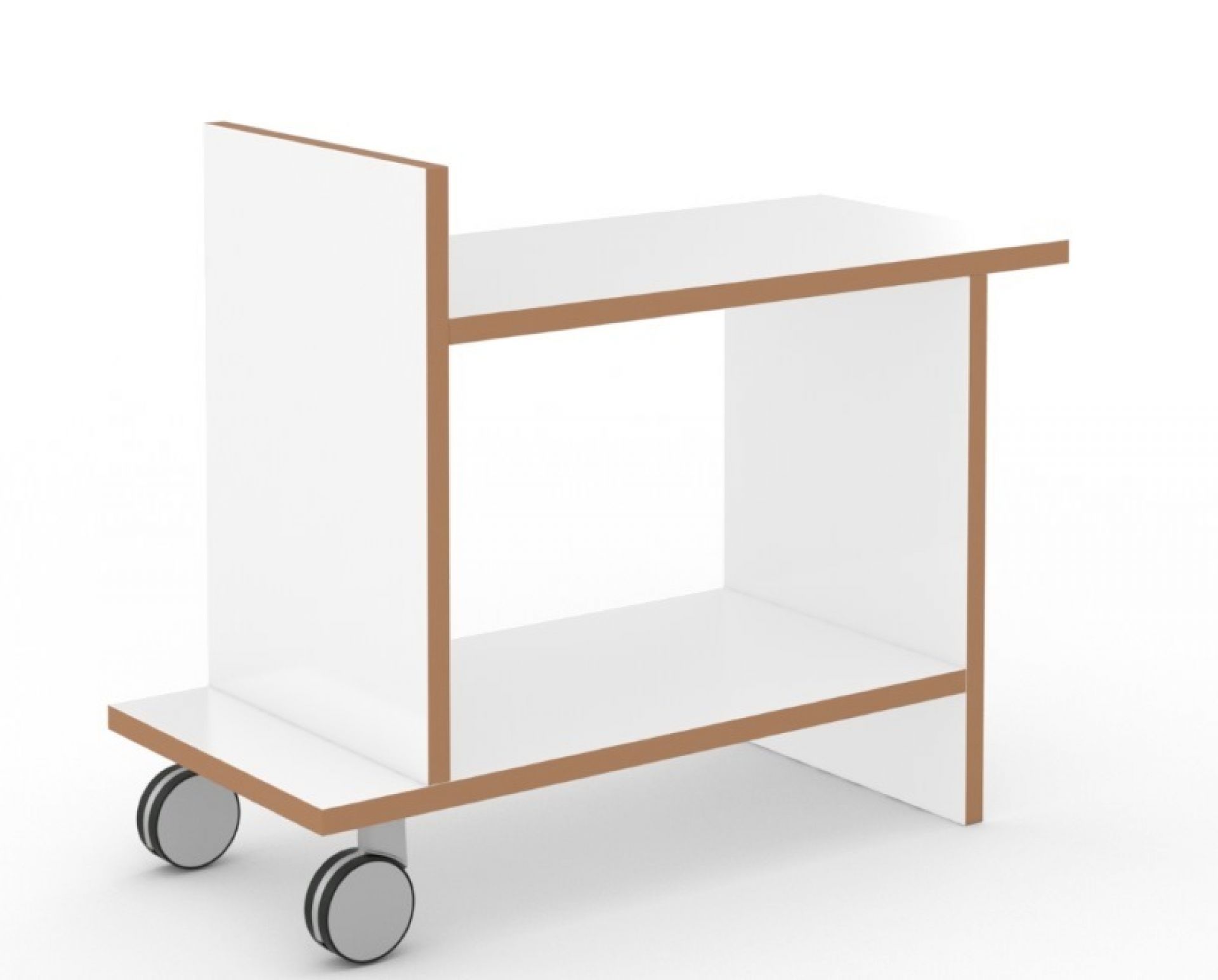 Weißer Freund Beistelltisch von Tojo mit Rollen, Ablagefläche und modernem Design.