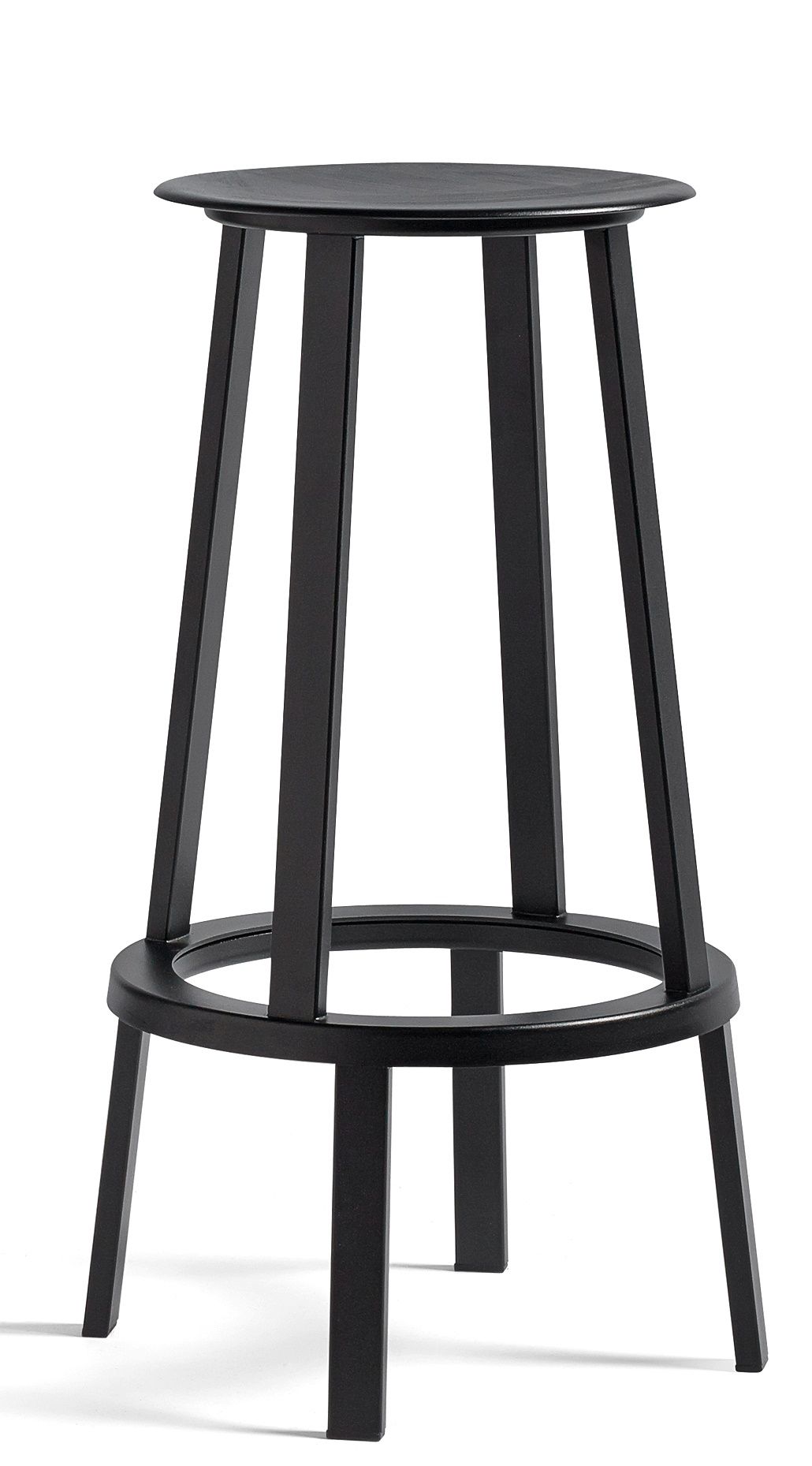 Schwarzer Revolver Bar Stool Barhocker von Hay, minimalistisches Design mit runder Sitzfläche und Fußstütze.