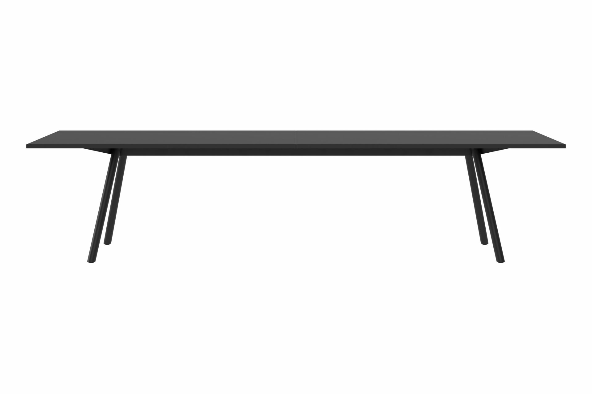 Schwarzer New Tendency Masa Tisch mit minimalistischem Design und schlanken Beinen, isoliert auf Weiß.