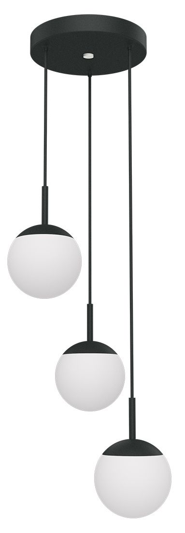 Mooon Pendelleuchte von Fermob mit drei runden, weißen Lampenschirmen und schwarzer Aufhängung.