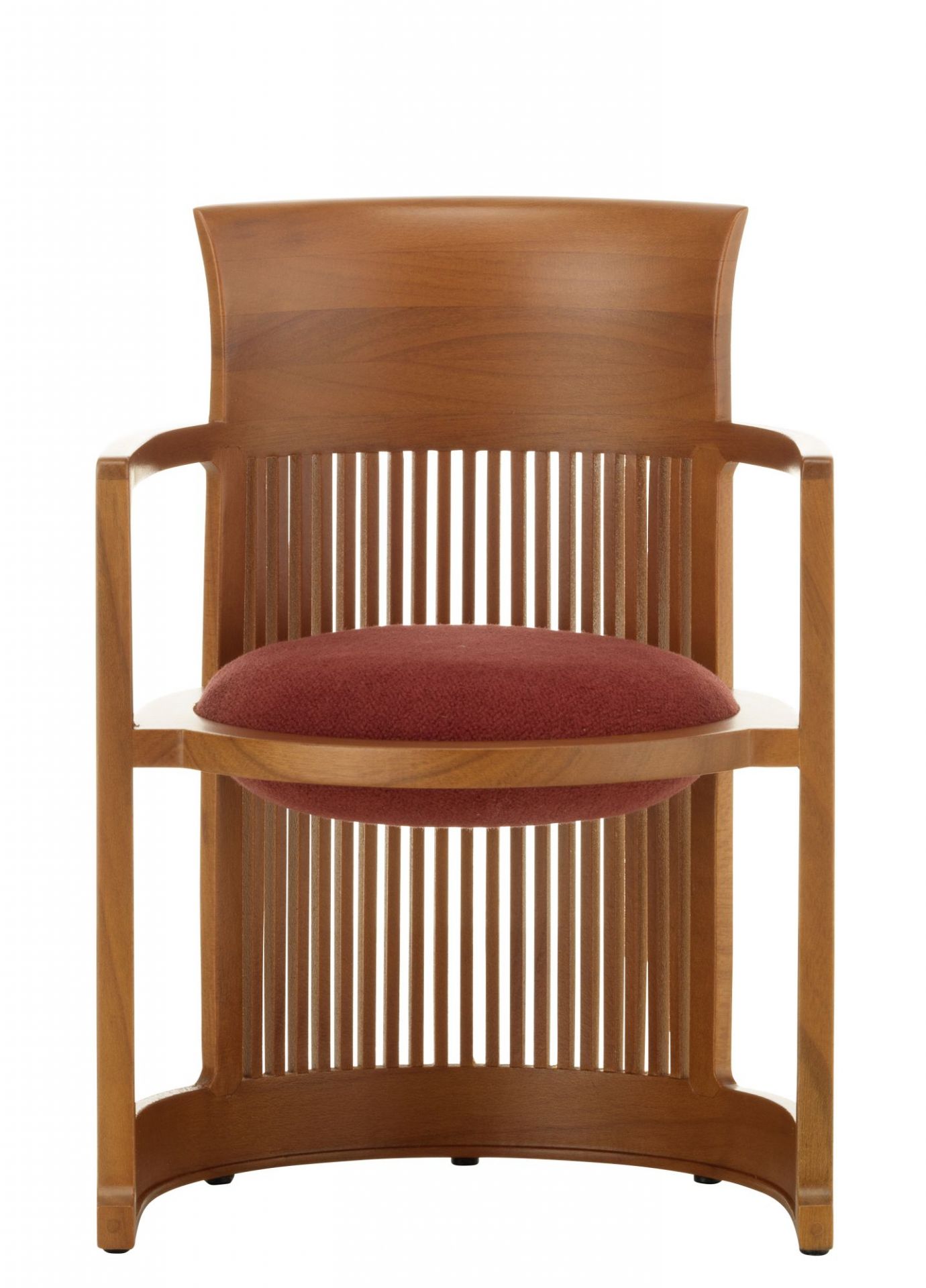 Vitra Barrel Chair Miniatur: Holzstuhl mit rotem Sitzkissen, Designklassiker für Sammler und Liebhaber.