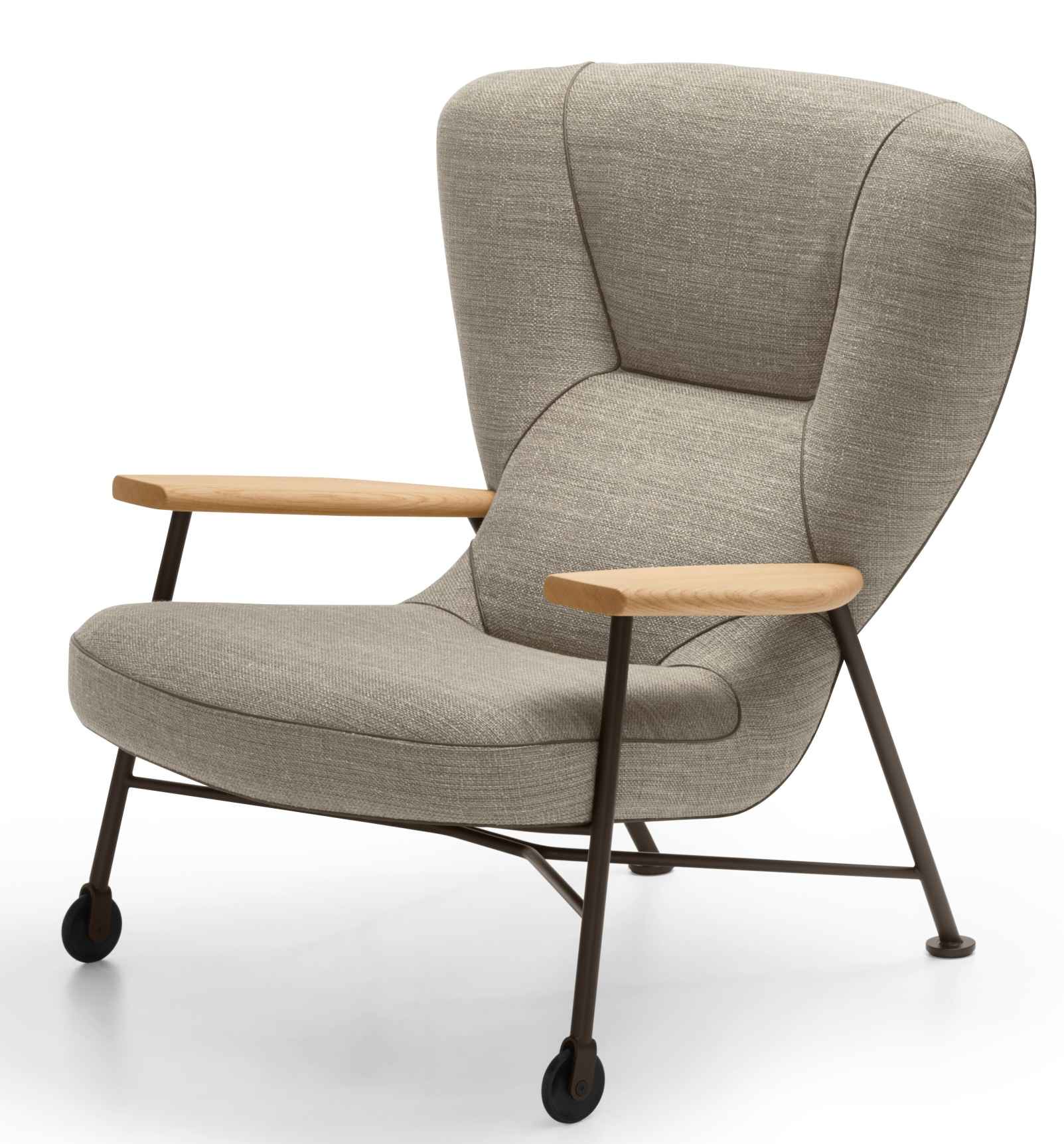 Walter Knoll Shinzo Lounge Chair 264/265 Sessel mit Holzarmlehnen und Rollen, Stoffbezug.