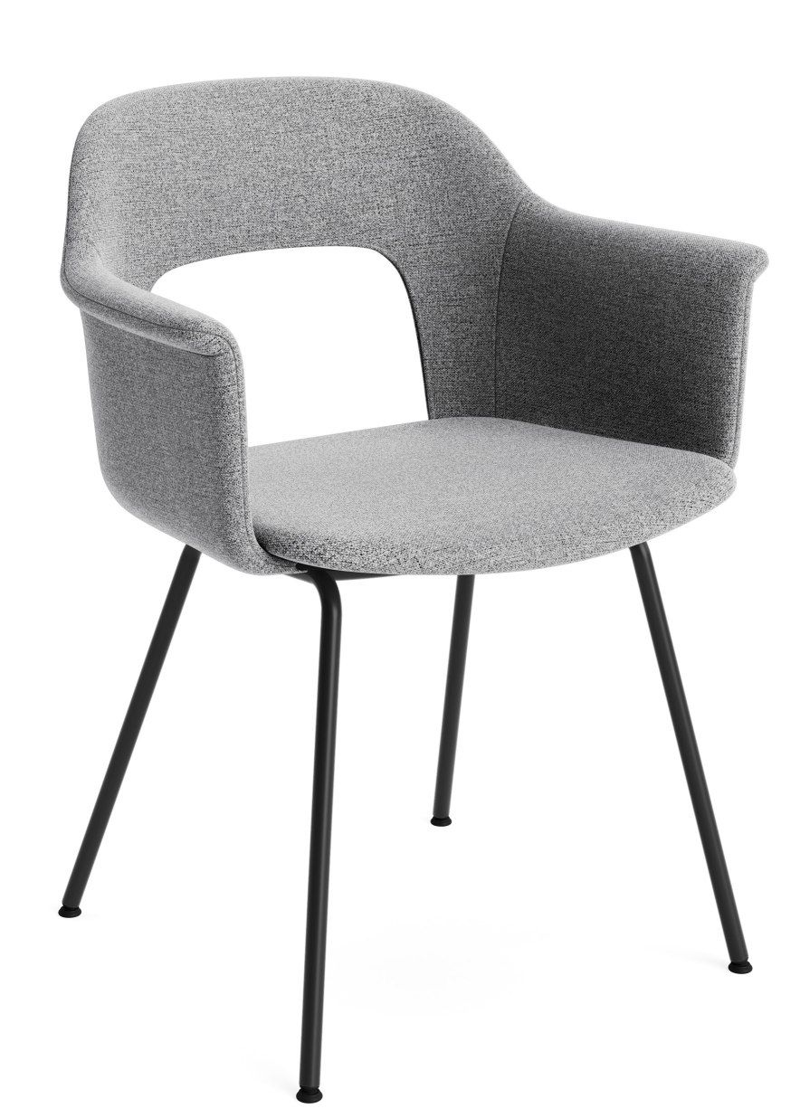 Grauer Layout Armchair 214 Armlehnstuhl von Hay mit Stoffbezug und schwarzen Metallbeinen.