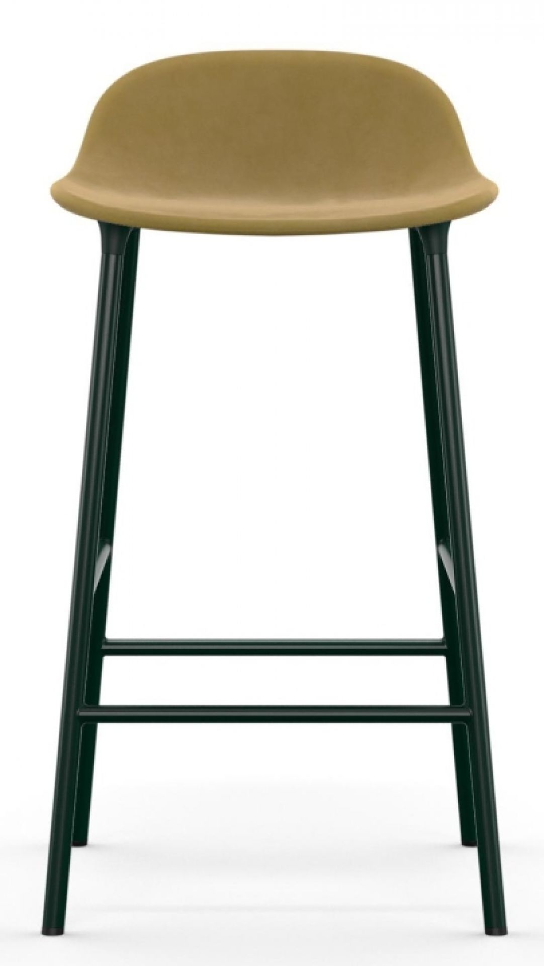 Normann Copenhagen Form Barhocker, 65 cm hoch, mit olivgrünem Sitzpolster und schwarzem Stahlgestell.