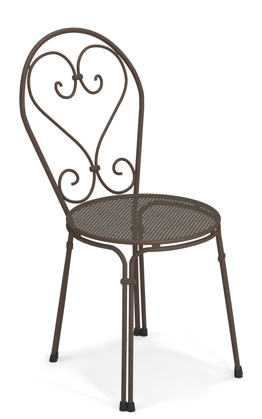 Pigalle Stuhl von Emu für den Außenbereich, brauner Metallstuhl mit herzförmiger Rückenlehne.