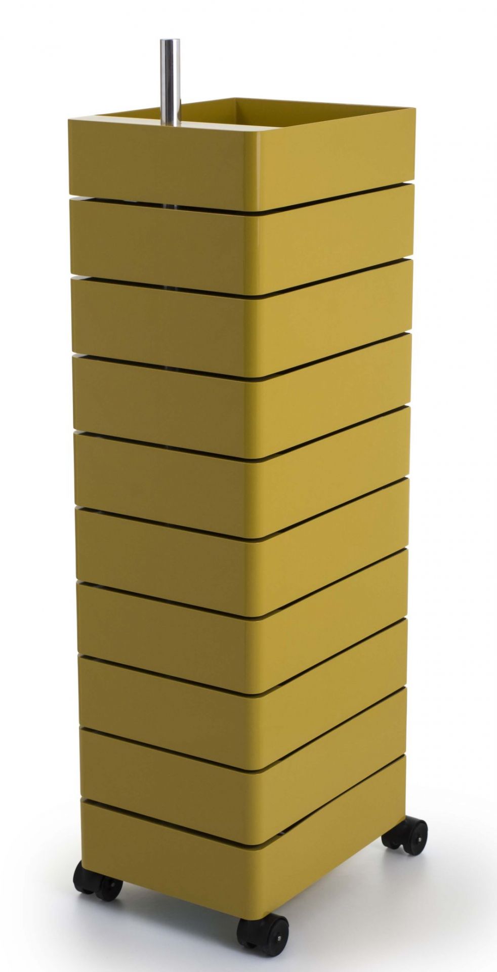 Gelber 360° Container von Magis mit Rollen und mehreren Schubladen zur Aufbewahrung, modernes Design.