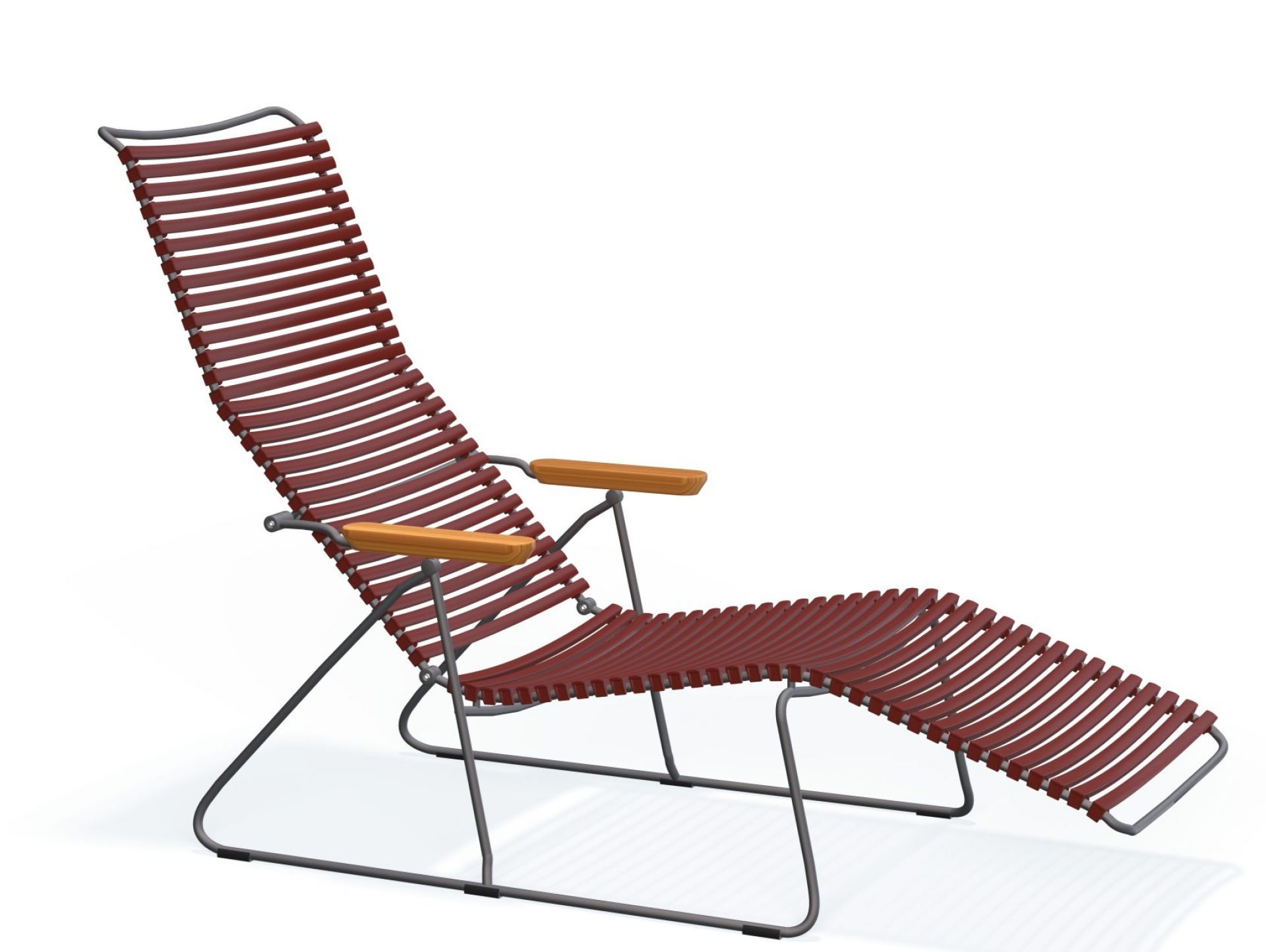 Click Sunlounger Sonnenliege für den Garten, dunkelgraues Gestell mit braunen Lamellen und Armlehnen.
