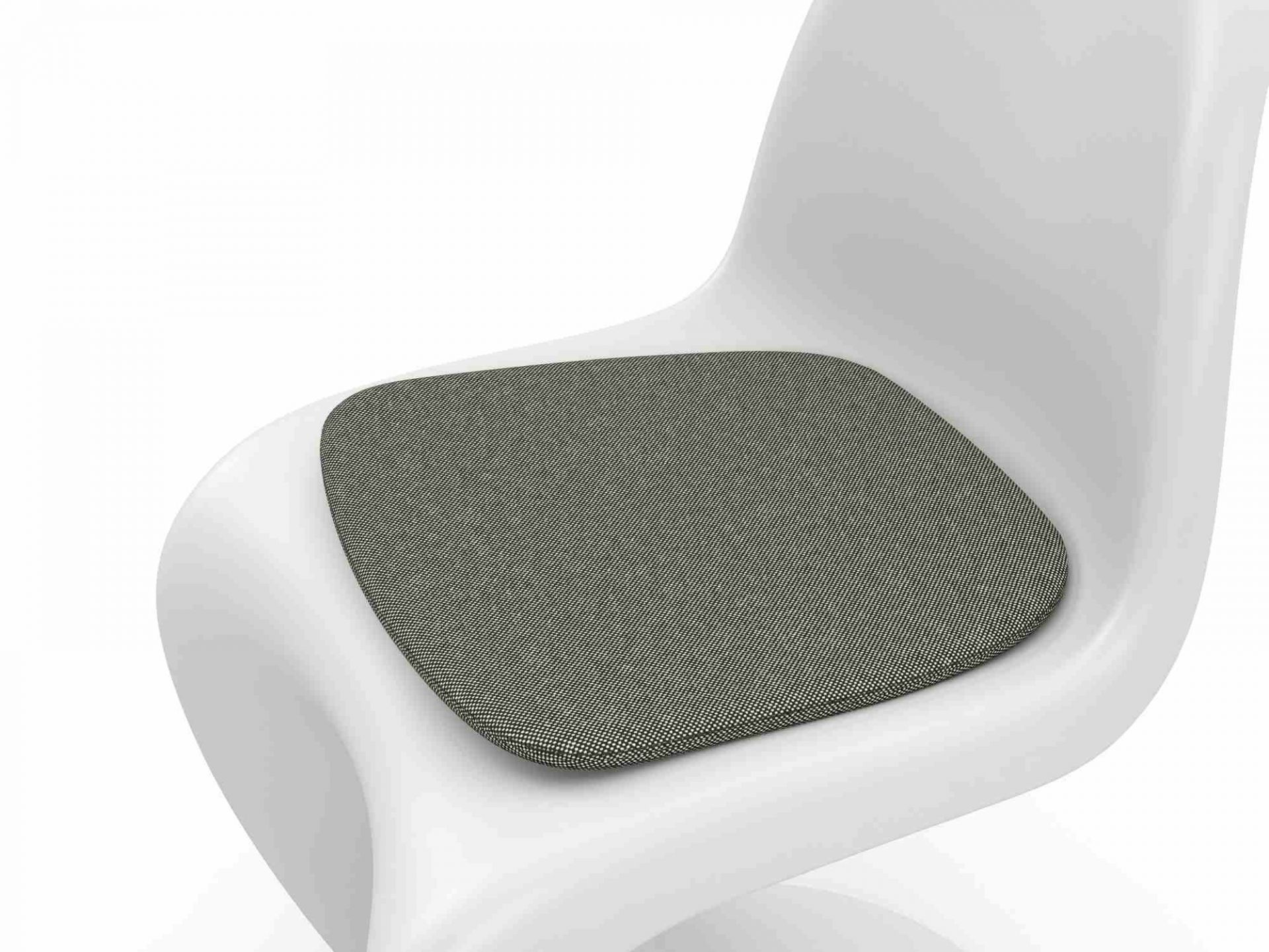 Graue Vitra Soft Seats Sitzauflage Typ A auf einem weißen Stuhl, Detailaufnahme.