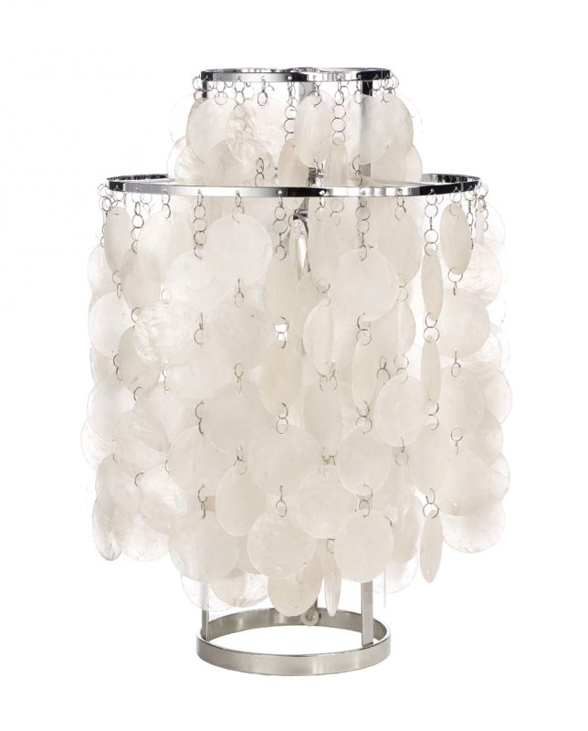 FUN 2TM Tischleuchte von Verpan mit Muschelscheiben und Chromgestell. Dekorative Lampe für Wohnzimmer und Schlafzimmer.