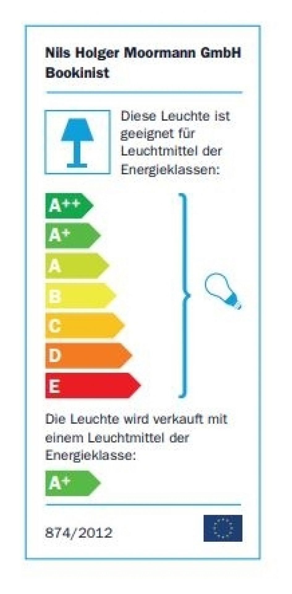 Energielabel für Nils Holger Moormann Bookinist Leselampe, Energieeffizienzklasse A++ bis E, Leuchtmittel A+.