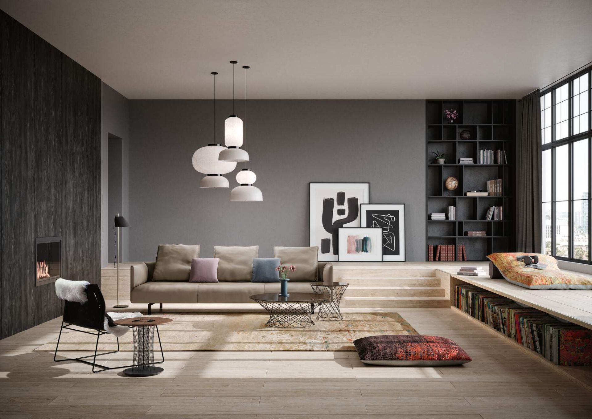 Legends of Carpets Teppich: Wohnzimmer mit beigem Walter Knoll Teppich, Sofa, Sessel und Bücherregal.
