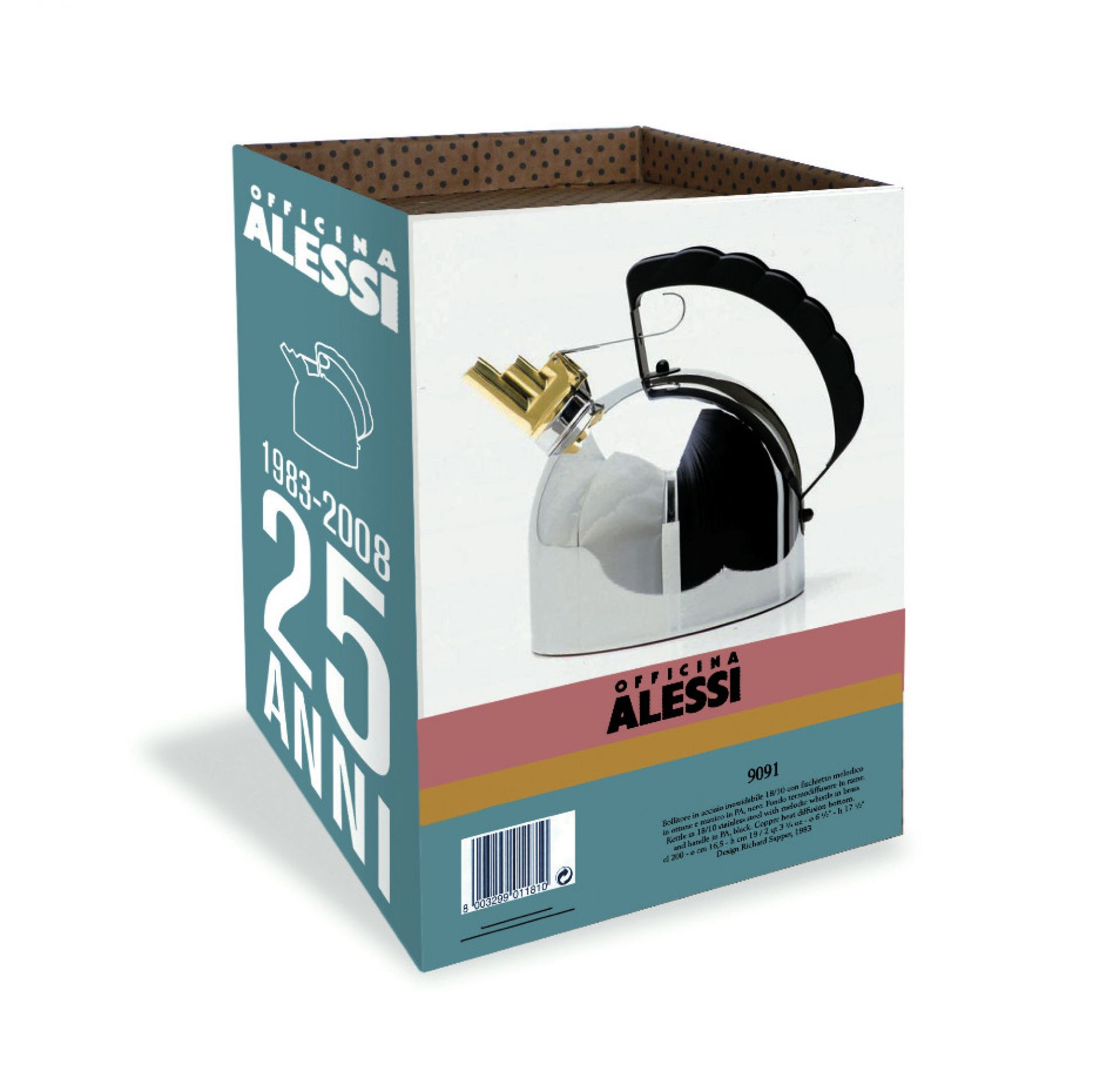 Verpackung des Alessi 9091 FM Wasserkessels: Edelstahl, schwarzer Griff, goldfarbene Pfeife, Jubiläumsedition.