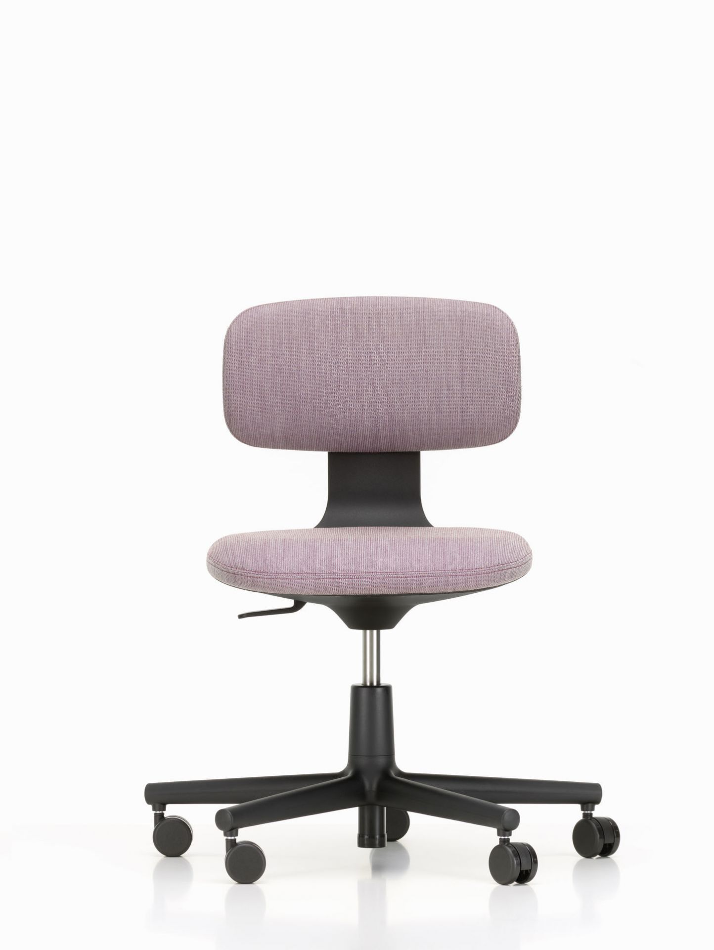 Vitra Rookie Bürodrehstuhl mit lila Stoffbezug und schwarzem Fußkreuz, ergonomischer Schreibtischstuhl für Büro.