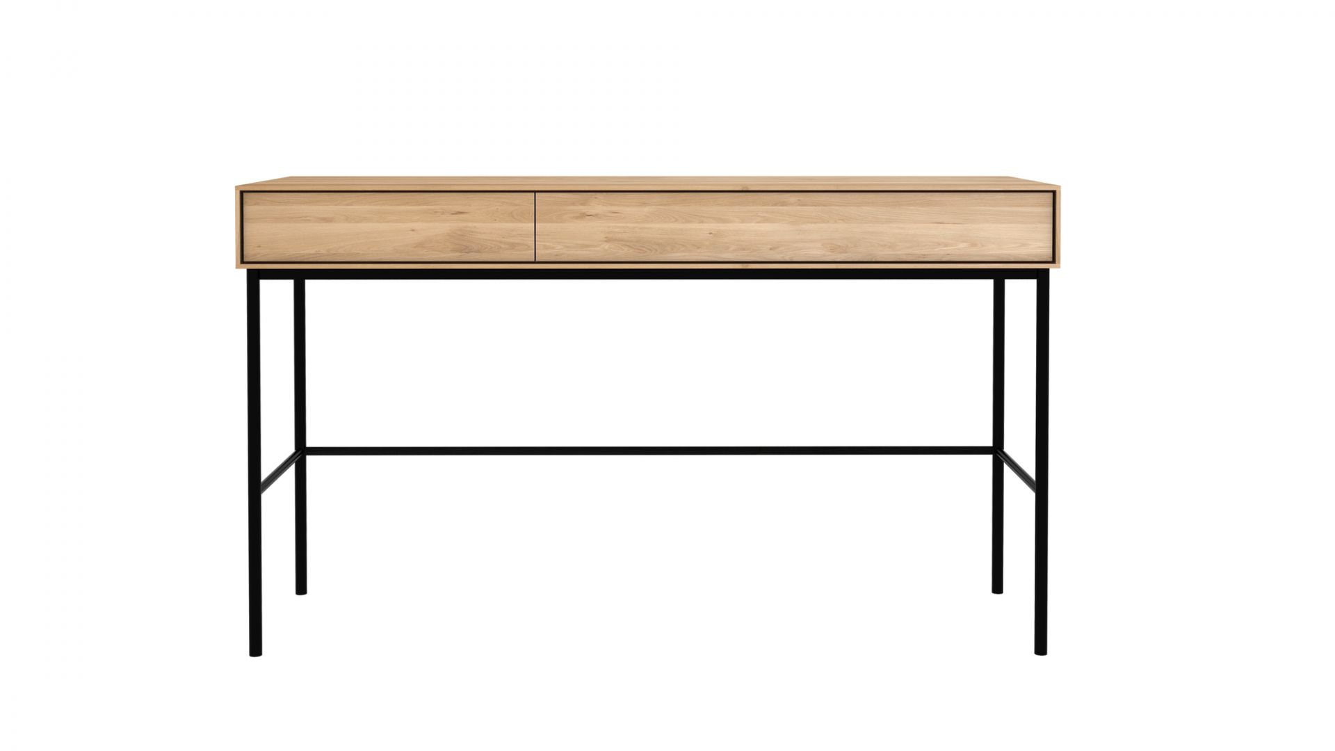 Whitebird Schreibtisch von Ethnicraft: Moderner Holzschreibtisch mit zwei Schubladen und schwarzem Metallgestell.