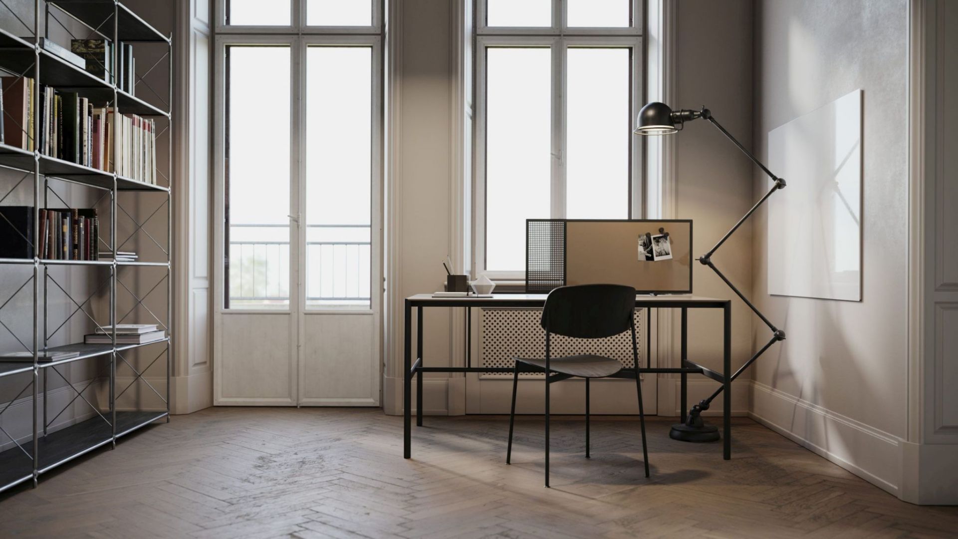 Helles Büro mit Chat Board Classic Wand Glastafel, Schreibtisch, Lampe und Bücherregal für moderne Arbeitsbereiche.