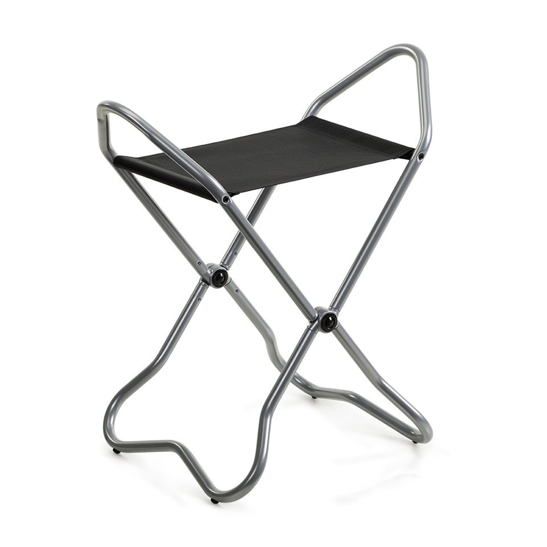 New York Klapphocker in Metallic Grau mit schwarzer Sitzfläche, ideal für Museen.